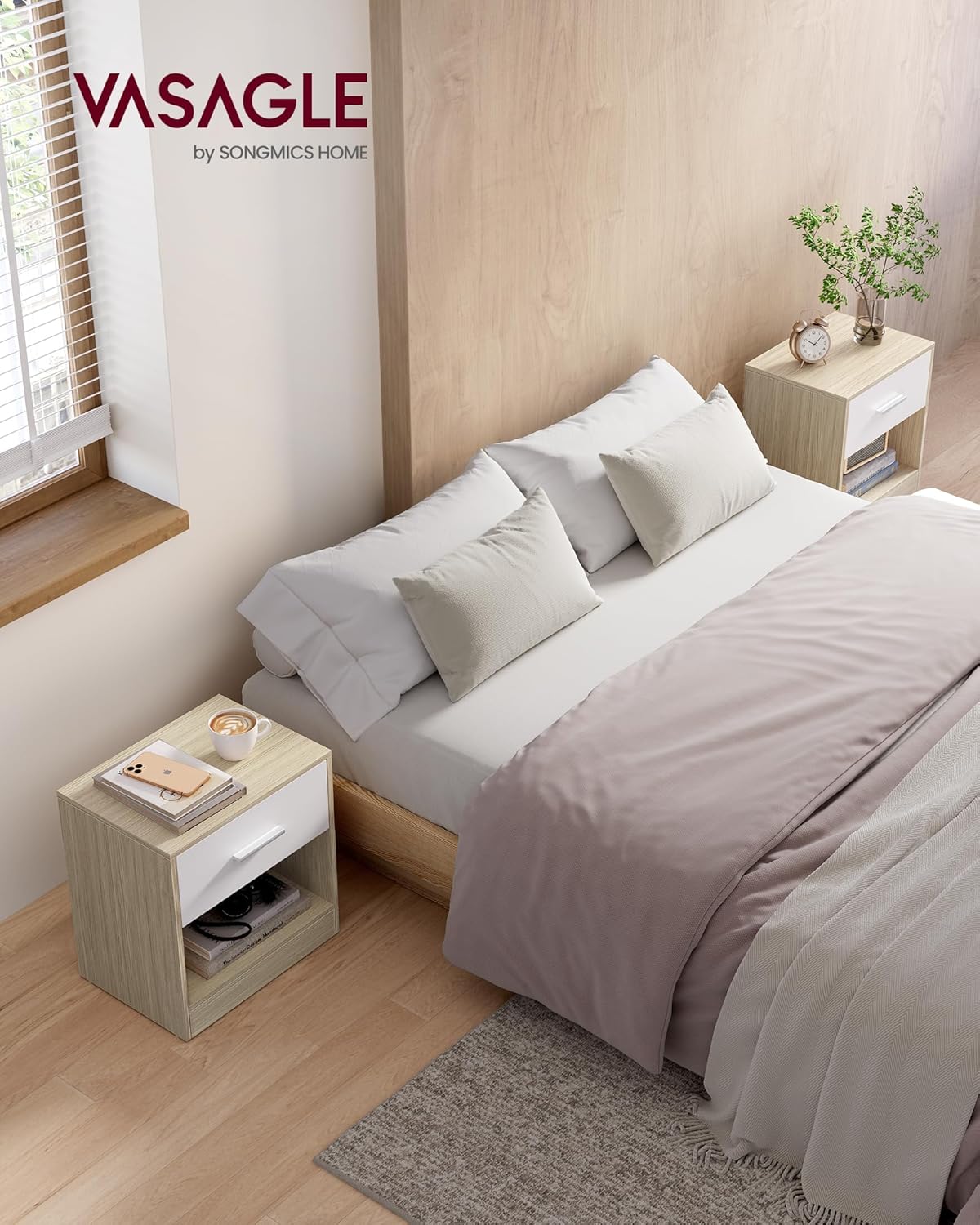 VASAGLE - Table de nuit lot de 2, tiroir, beige/blanc, compact, LET819T67