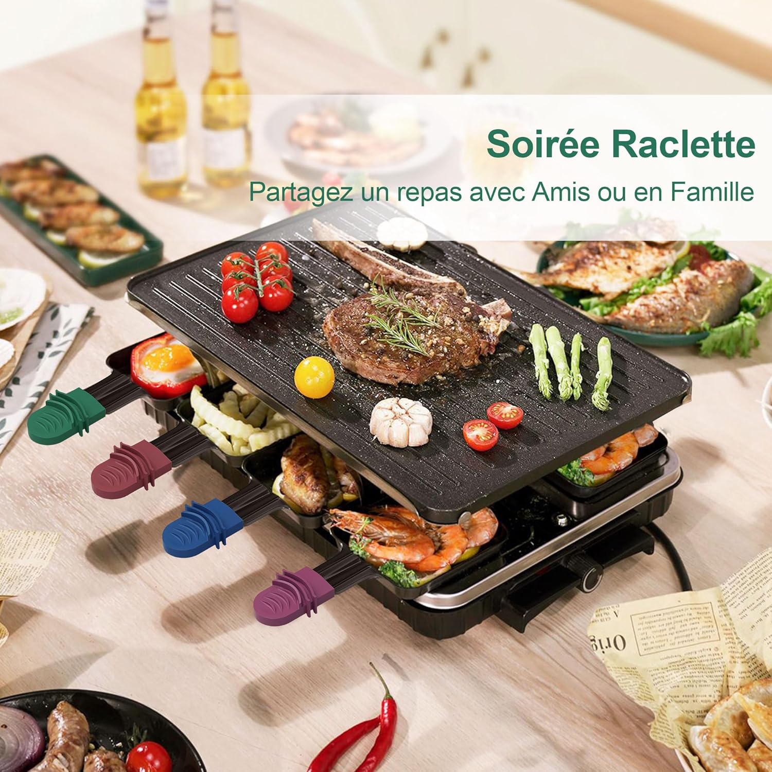 iPow - Lot de 8 poêlons raclettes carrés, revêtement antiadhésif, poignées isolées, 8 grattoirs bois