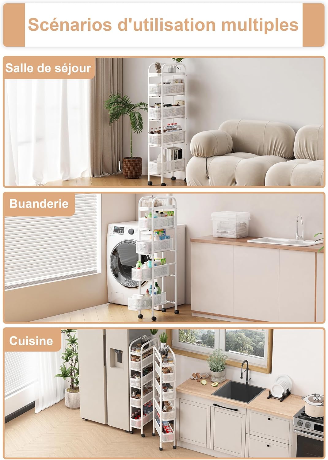 UMDONX - Chariot de rangement 5 niveaux, métal, étroit, tiroirs, blanc