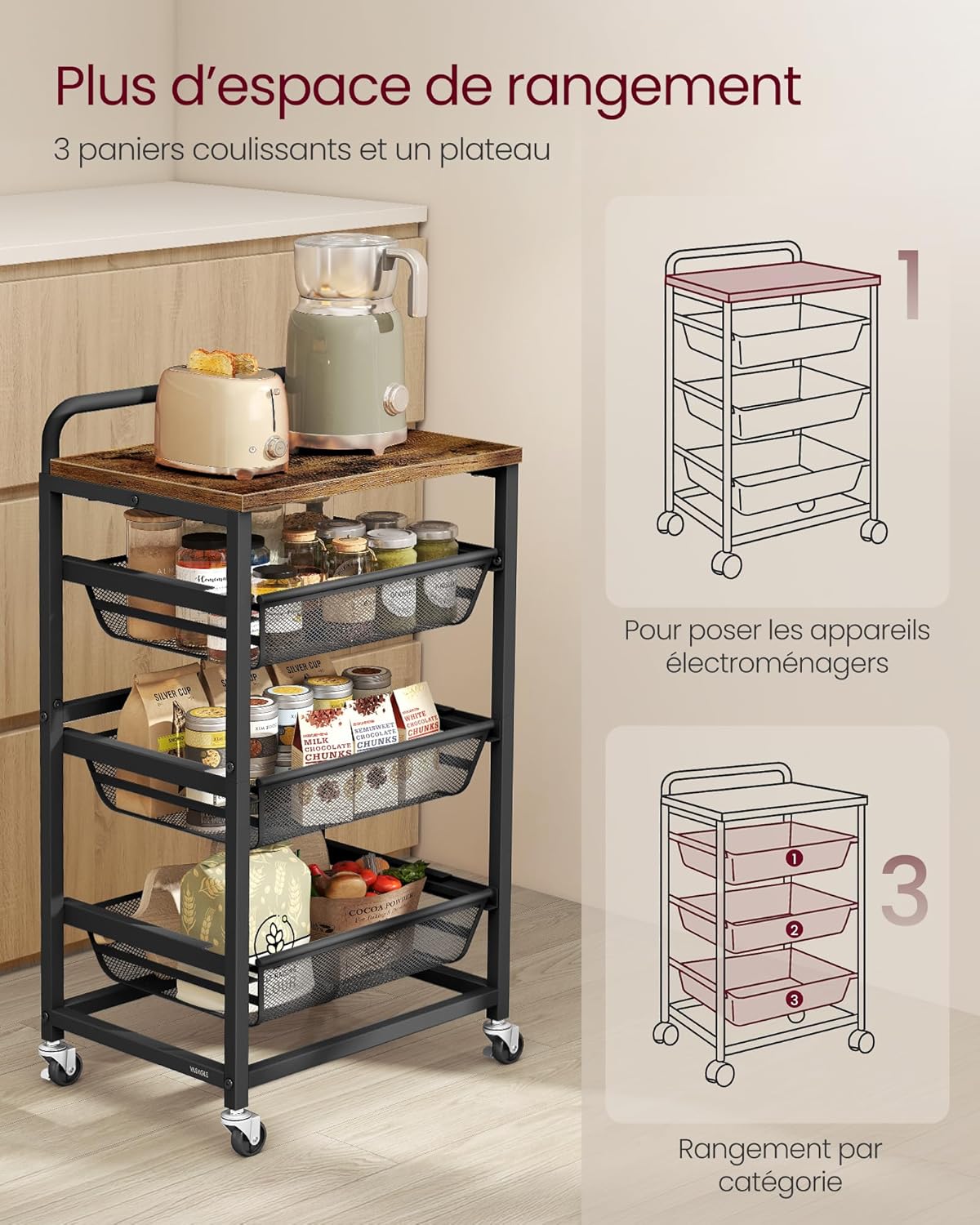 VASAGLE - Chariot de rangement 4 niveaux, paniers extractibles, 31,7x40x76cm, poignée, roulettes, LRC040K01