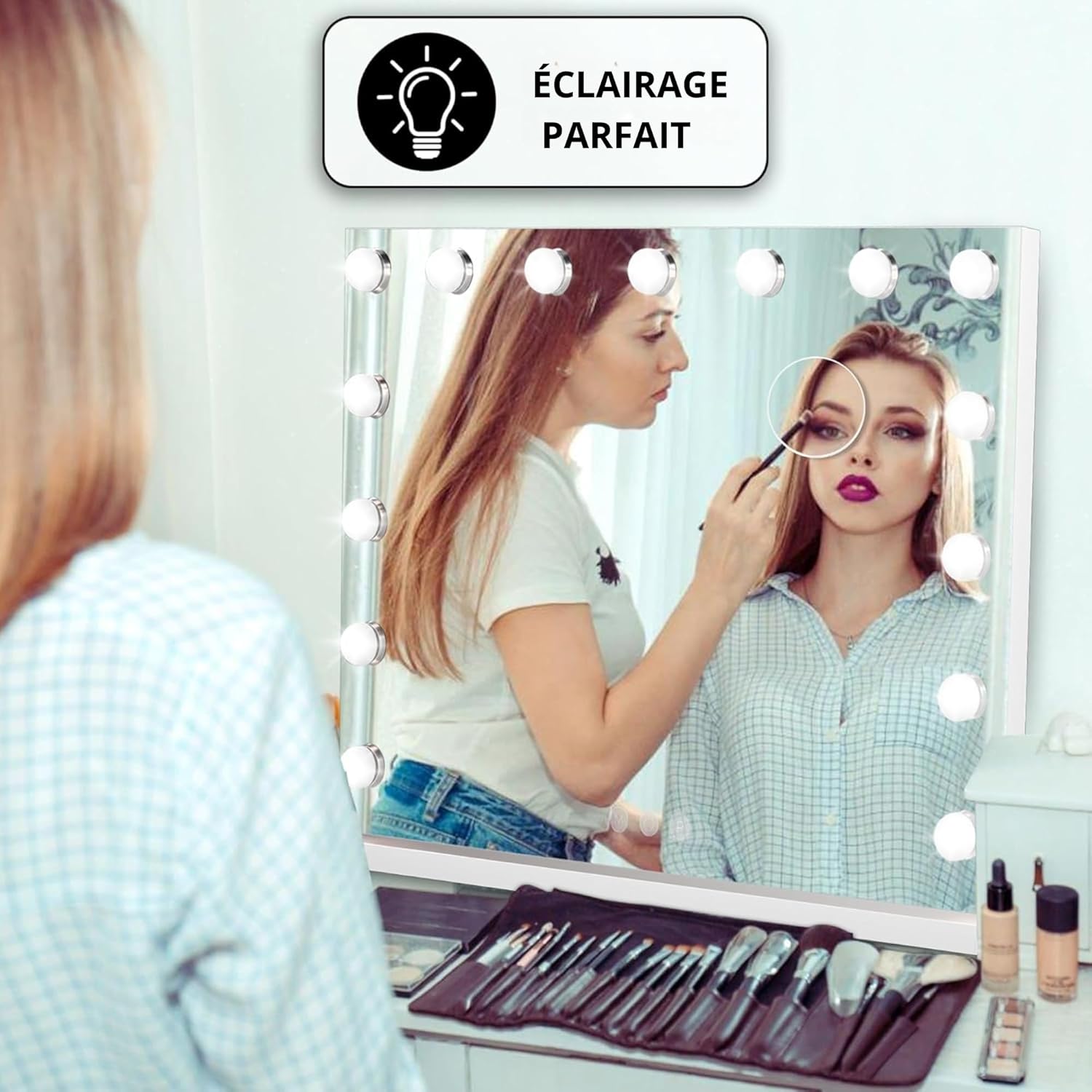 Bayt - miroir de maquillage Hollywood - 58x46cm - LED dimmable, grossissement 10x, blanc