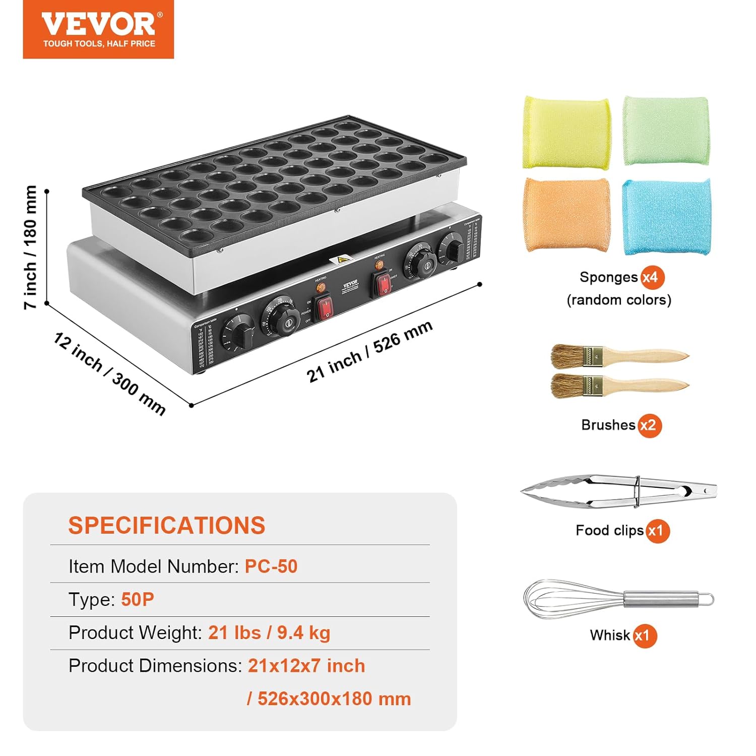 VEVOR – Appareil à Pancake, 43mm, 50 pièces, 1700W, inox, réglable