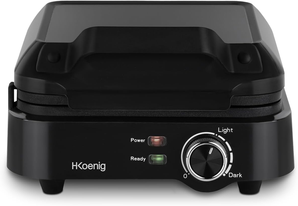 H.Koenig - gaufrier compact - température réglable, 1200W, plaques antiadhésives, 3 niveaux de dorure, pieds antidérapan
