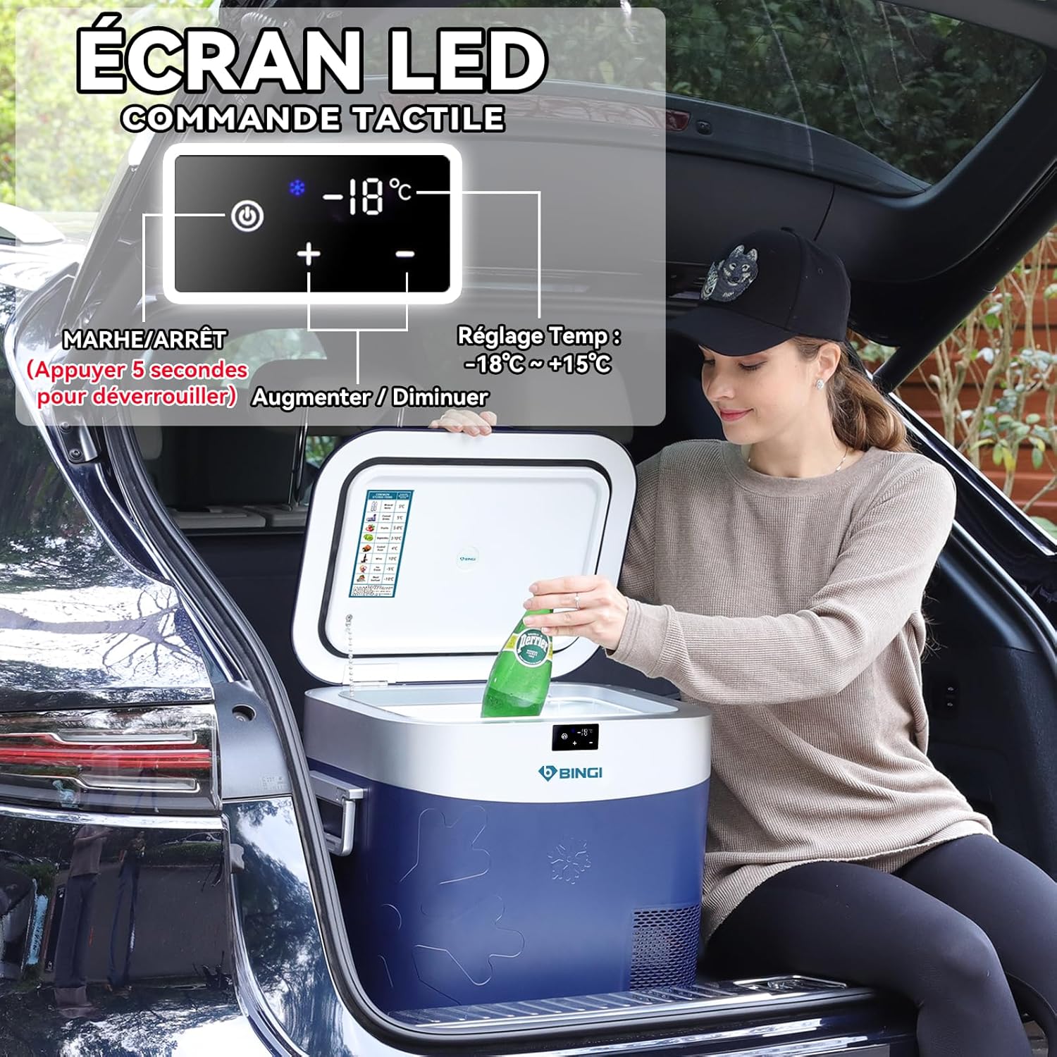 BINGI - glaciere electrique 22L - silencieuse, -18°C/+15°C, 12V/24V/220V