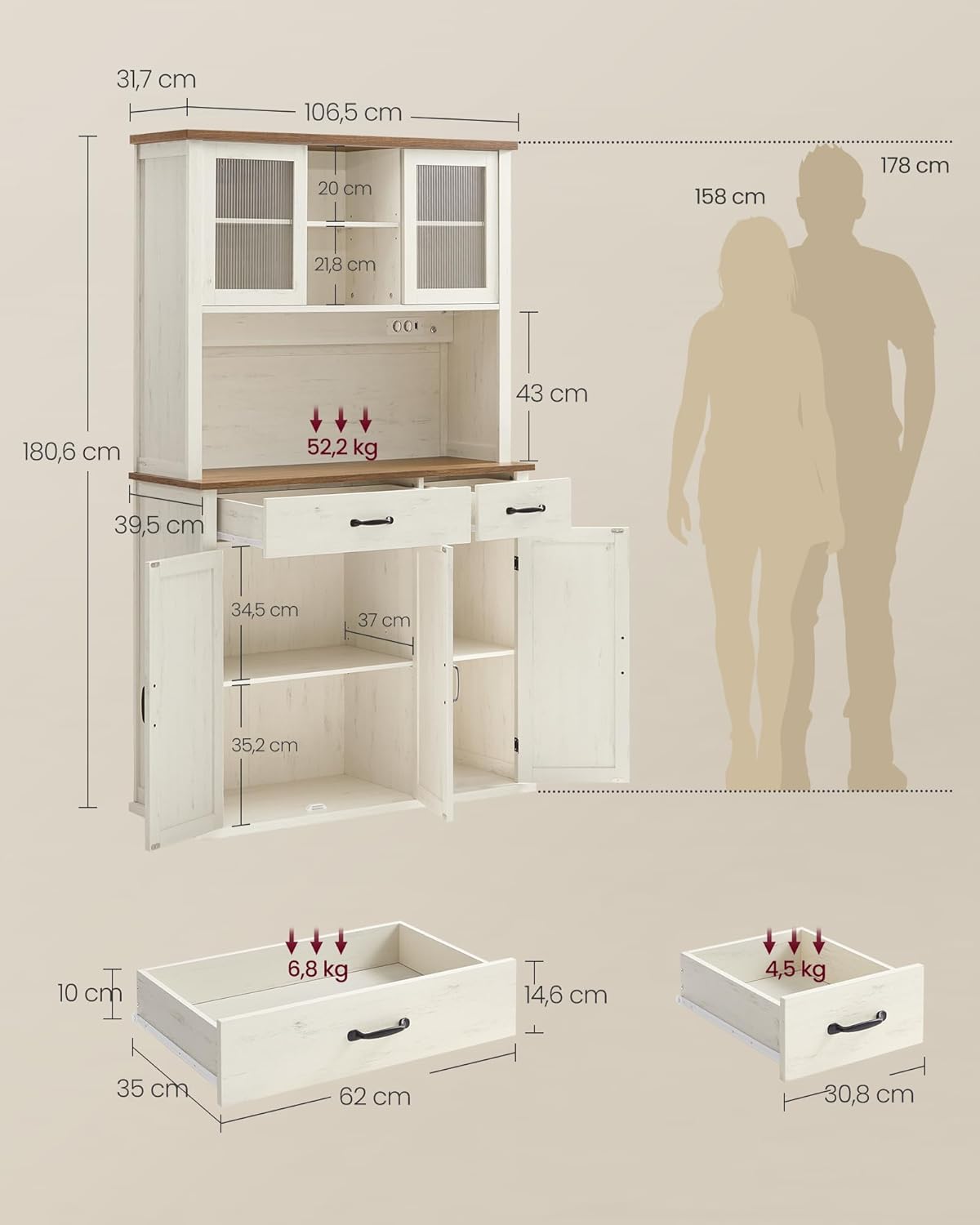 VASAGLE - meuble de rangement campagne 39,5x106,5x180,6cm LED chargeur BBK391W02