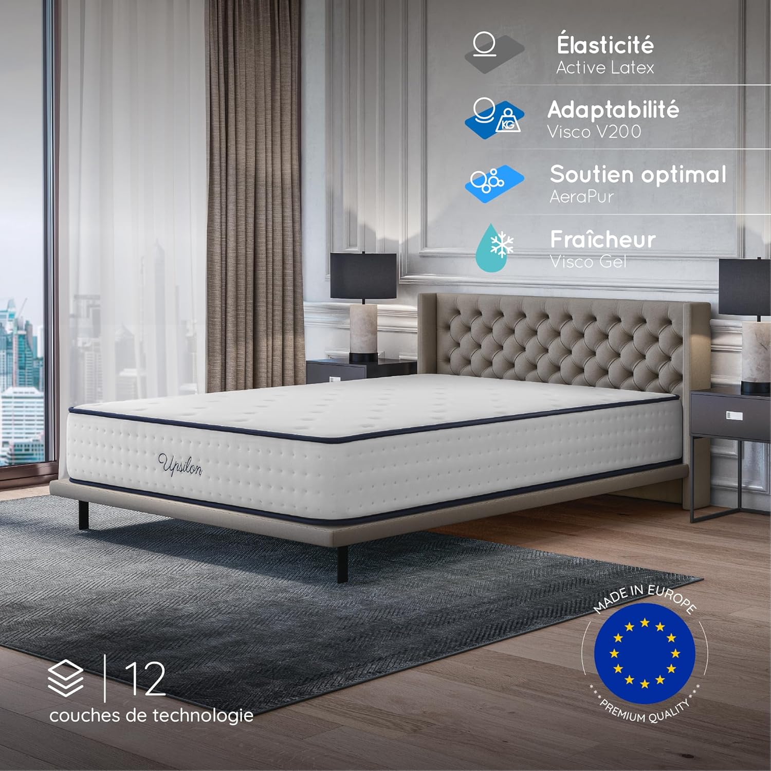 COSMOS - Upsilon - 160x200 cm - mémoire de forme, latex, 32 cm, ferme