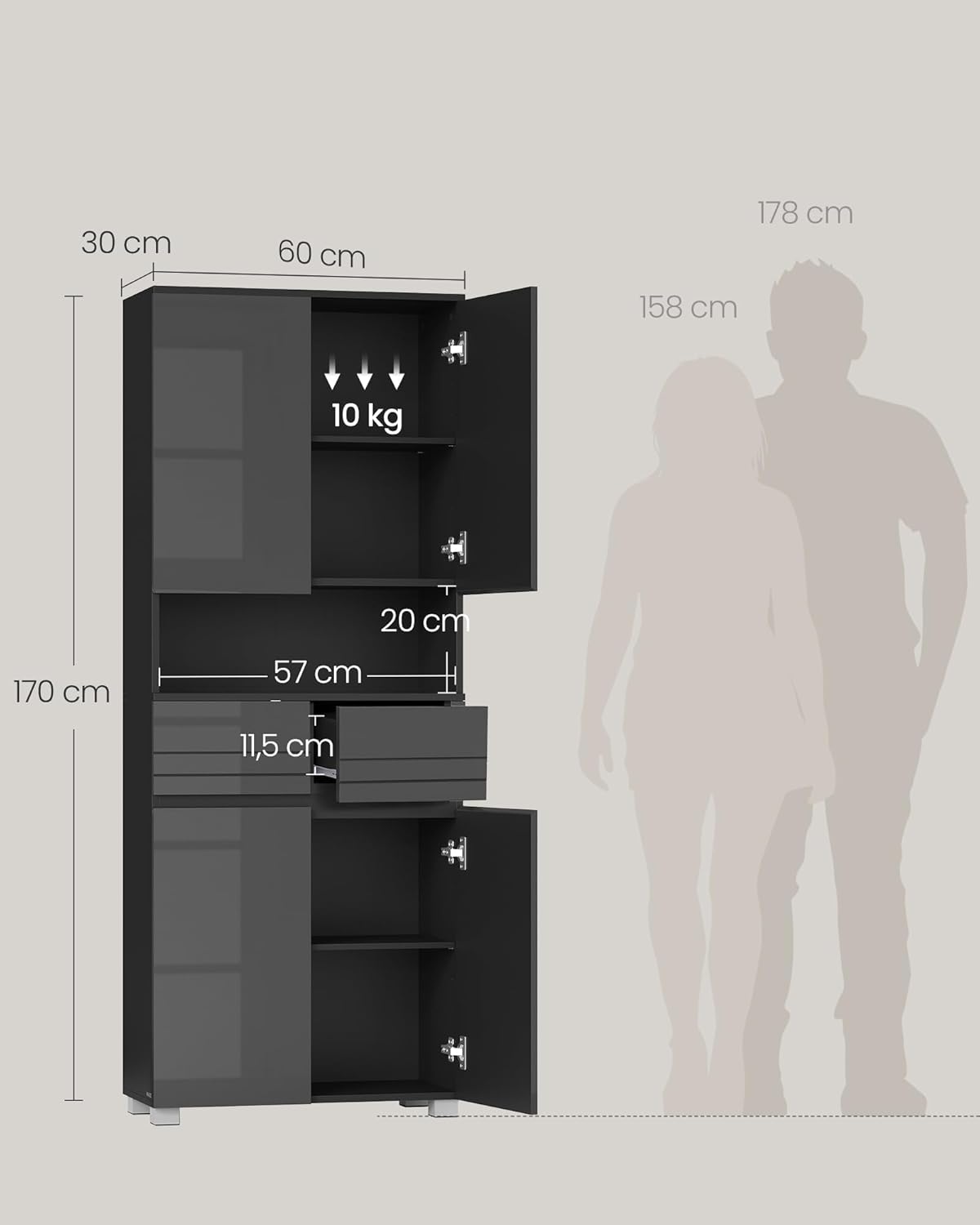 VASAGLE - colonne salle de bain, 30x60x170 cm, 2 tiroirs, étagères réglables, BBC563BH01