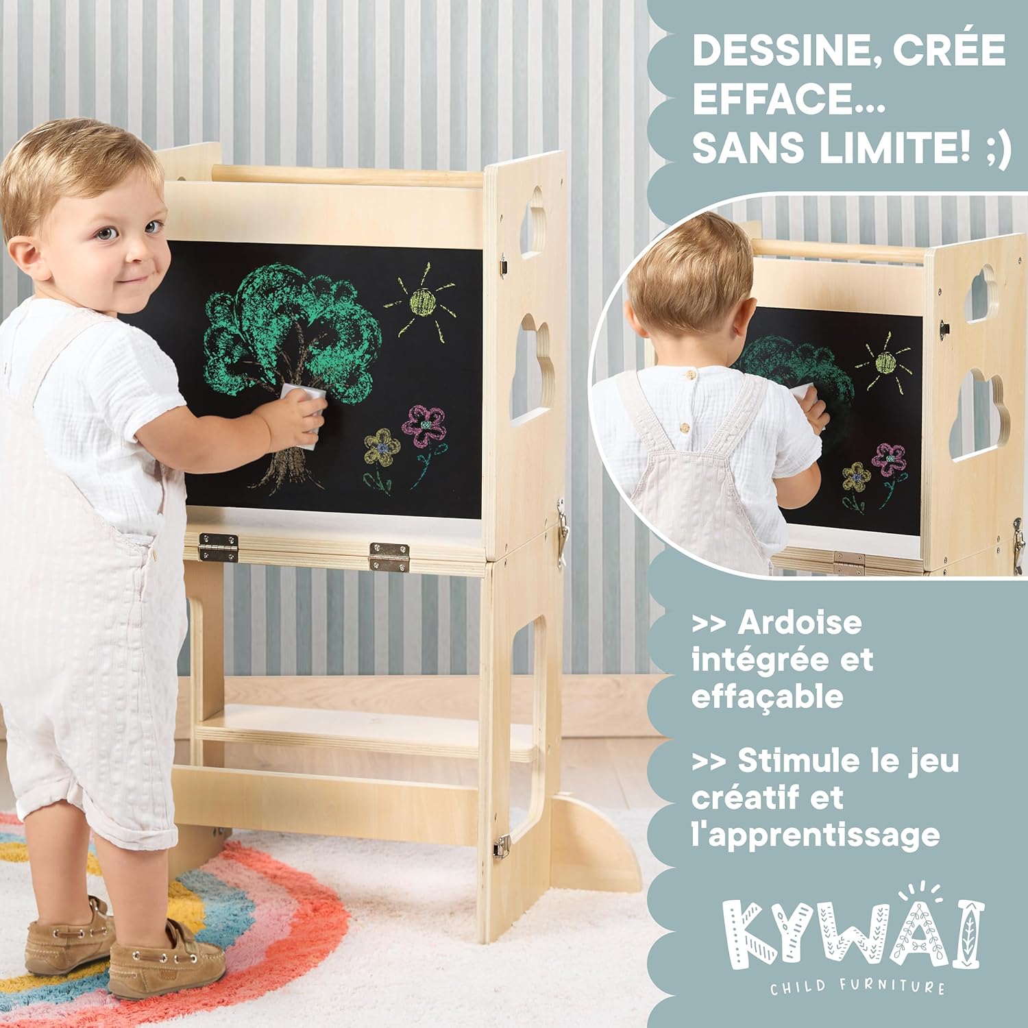 Tour d'observation enfant - bureau pliable 3 en 1 - bois FSC - ardoise, reforestation