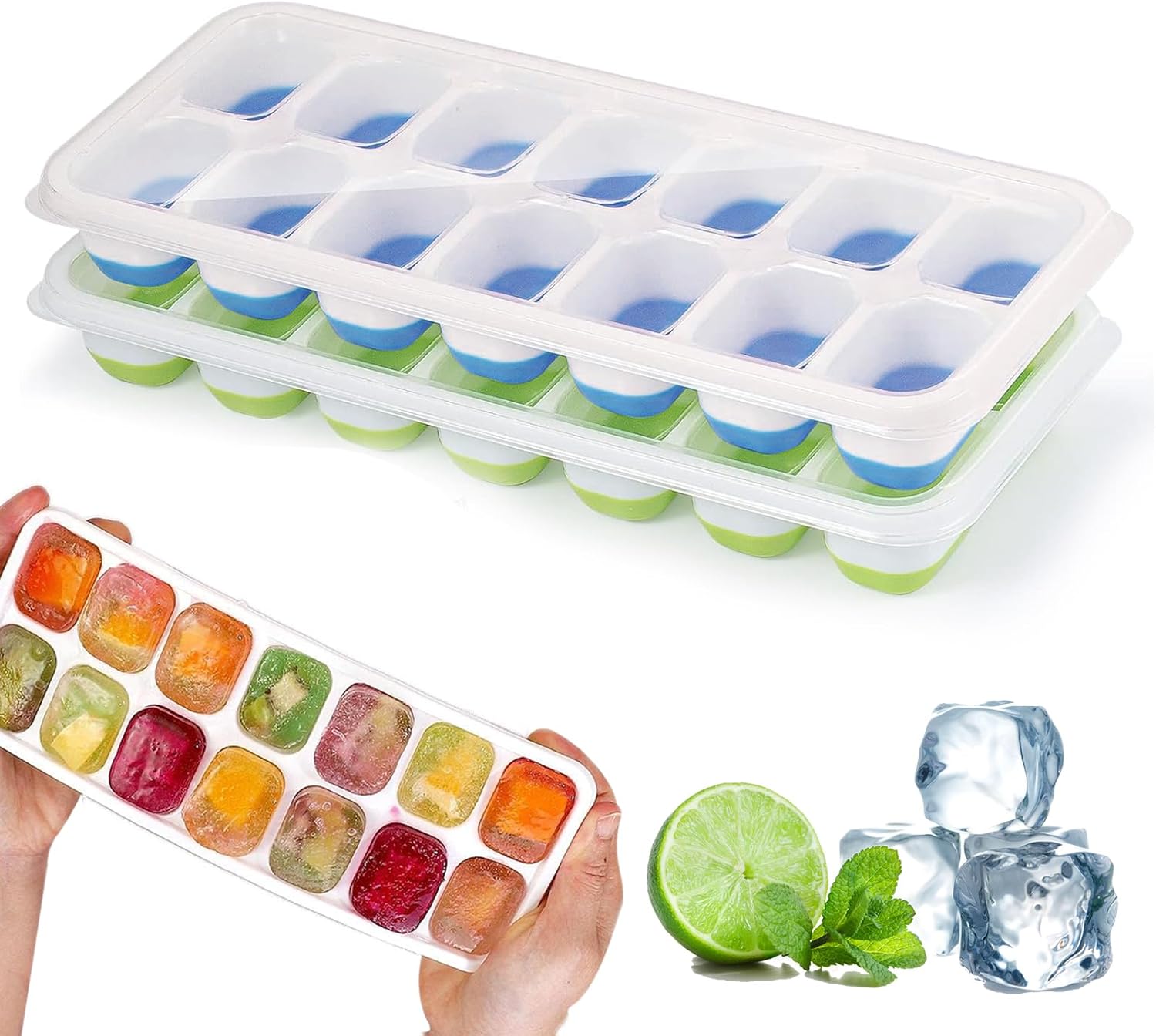 Bacs à glaçons silicone - 2 pièces - 24 alvéoles - couvercles, sans BPA, facile démoulage