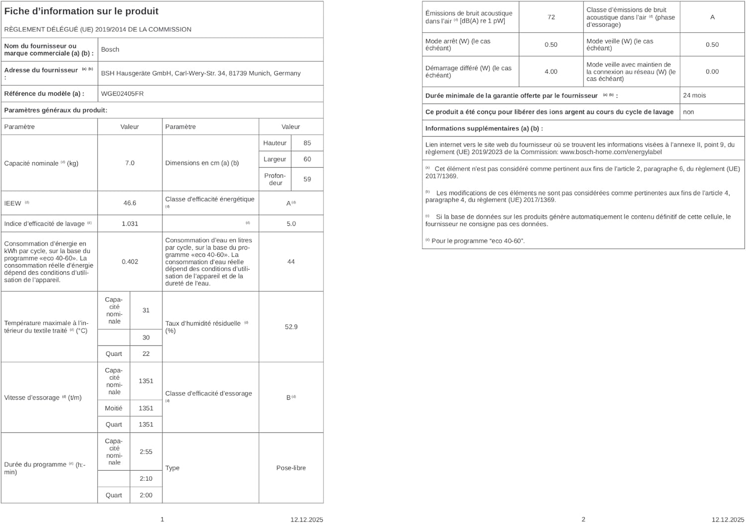 Bosch - Série 2 lave-linge 7kg 1400trs/min blanc compact WGE02405FR