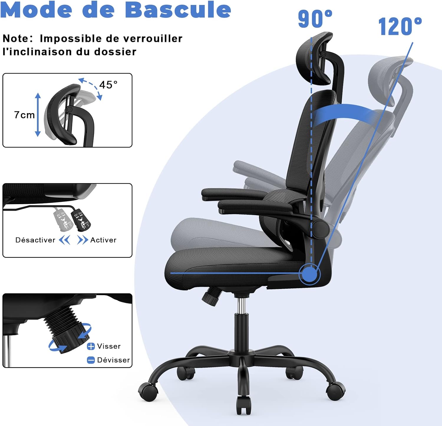 Chaise de bureau ergonomique - appui-tête & lombaire réglables - accoudoirs réversibles, maille noire, usage maison et b