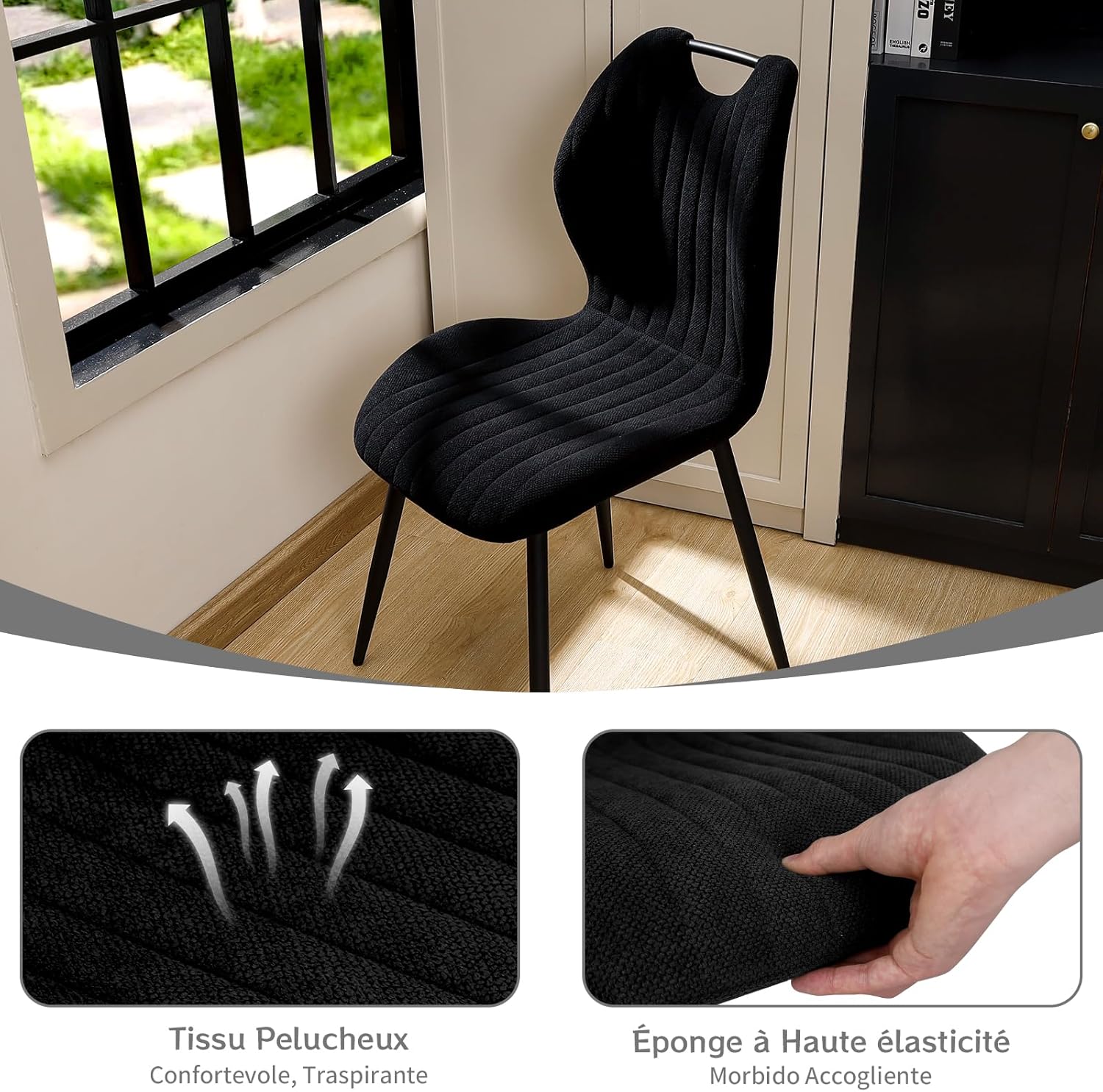 Chaises de salle à manger - 4 pièces - tissu & métal - dossier rembourré, couleur noire