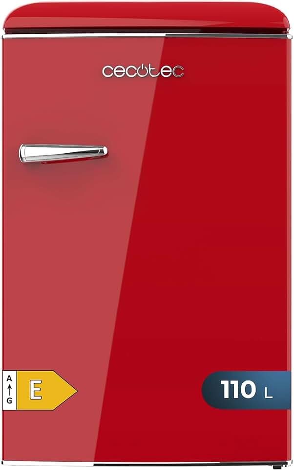 Cecotec - Bolero CoolMarket TT - 110L - mini frigo rétro, classe E, éclairage LED, poignée chromée, étagères verre, roug
