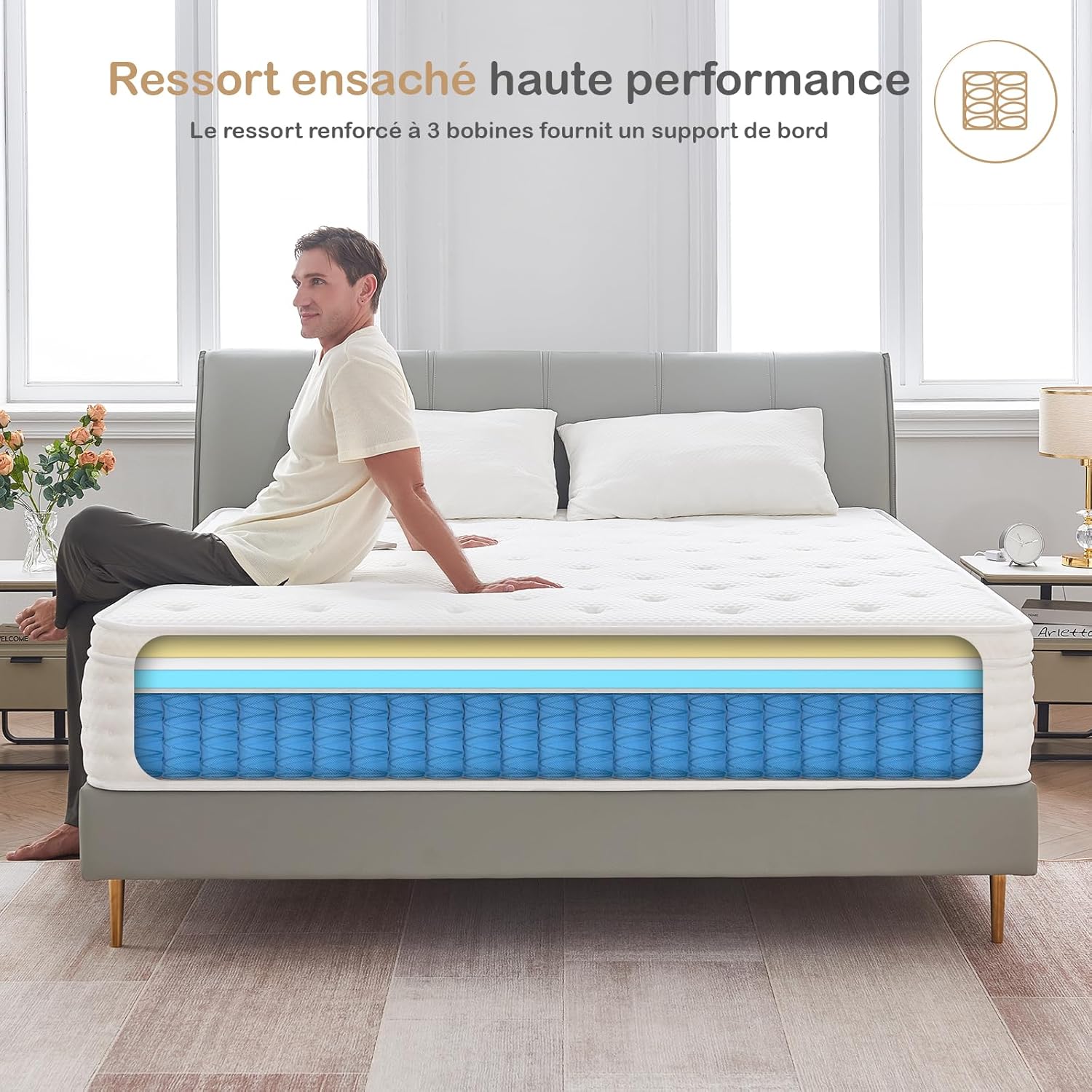 Matelas hybride 140x200 cm, ressorts, mémoire, 7 zones, H3, 26cm
