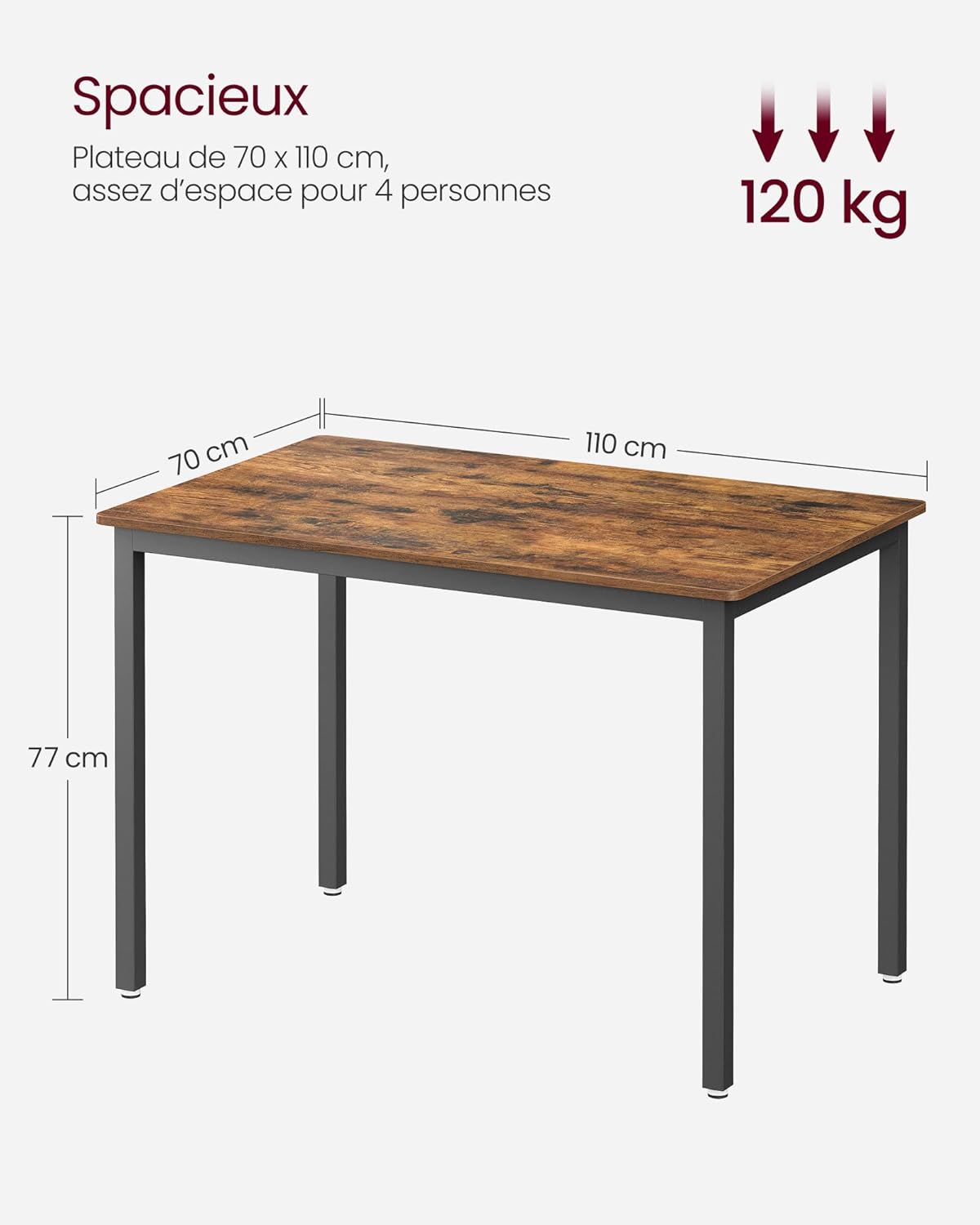 VASAGLE - Table de bar industrielle, 70x110x77 cm, 4 places, KDT081B01
