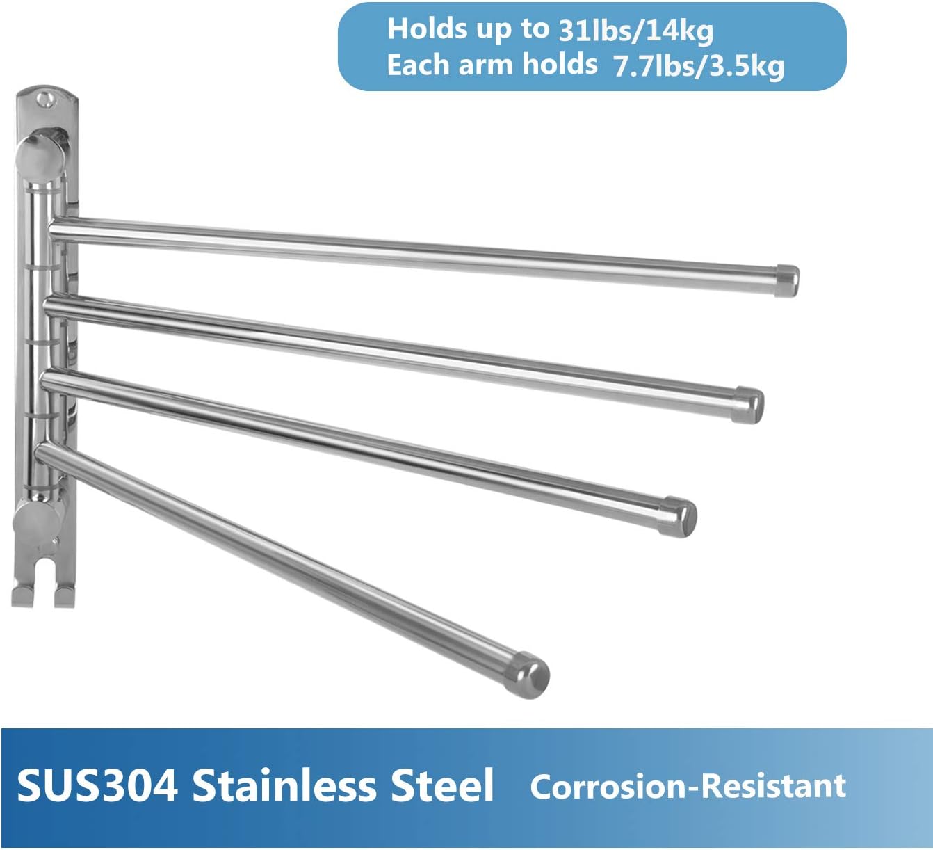 JSVER - porte-serviettes rotatif 4 barres inox 180° - montage mural salle de bain - SUS304