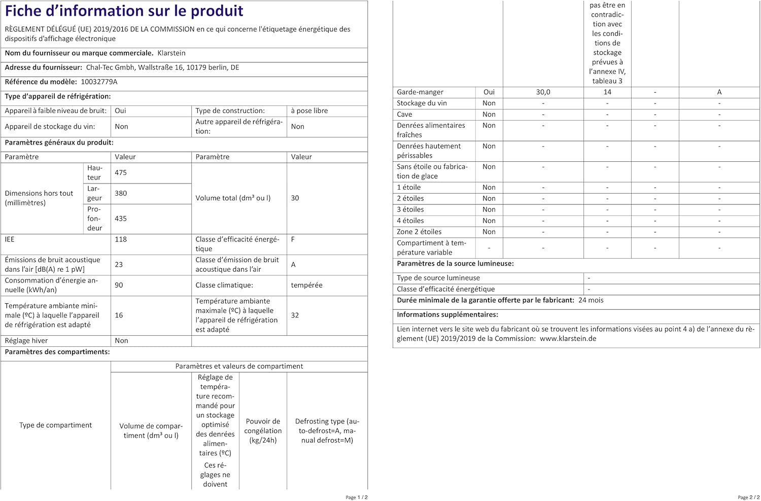 Klarstein - Mini Frigo 32L - silencieux, étagères réglables, 12-18°C