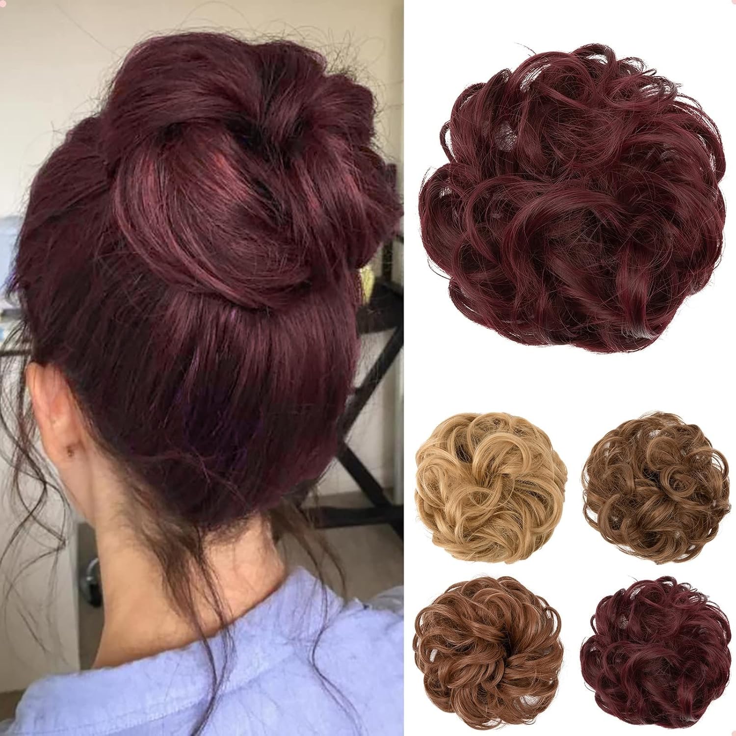 JJstar - Chignon postiche bouclé, élastique, vin rouge, cheveux naturels