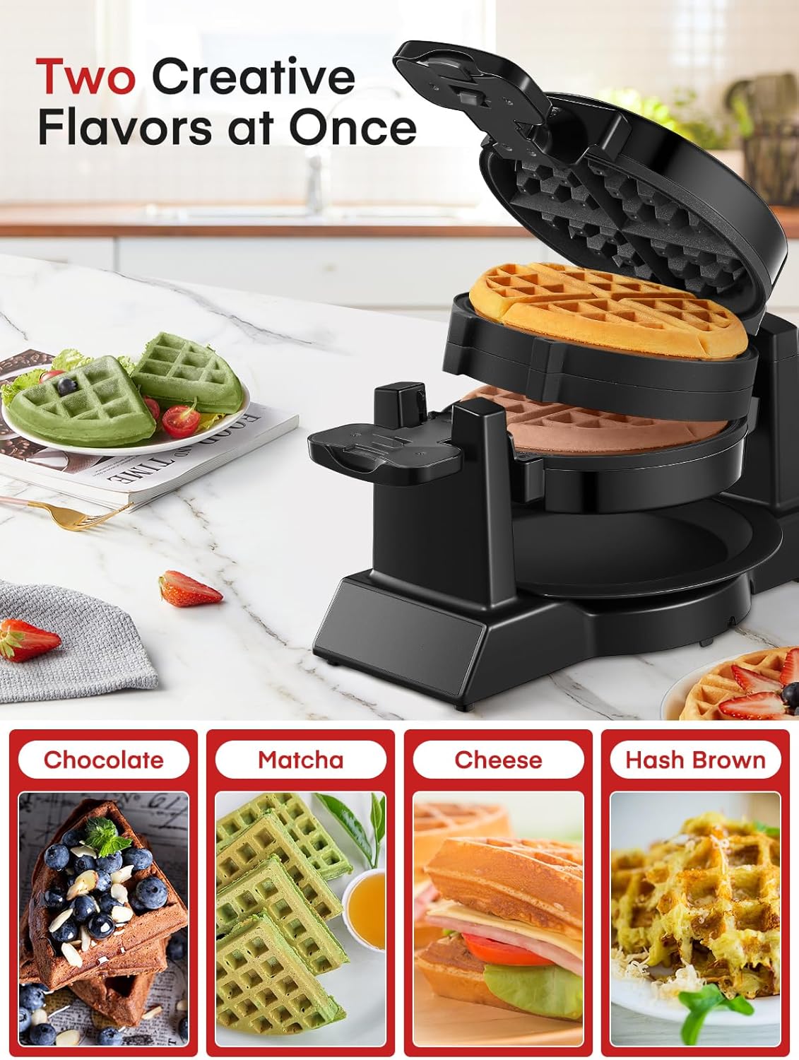 Waffle Maker - 1400W, flip 180°, 8 disques, plaques antiadhésives