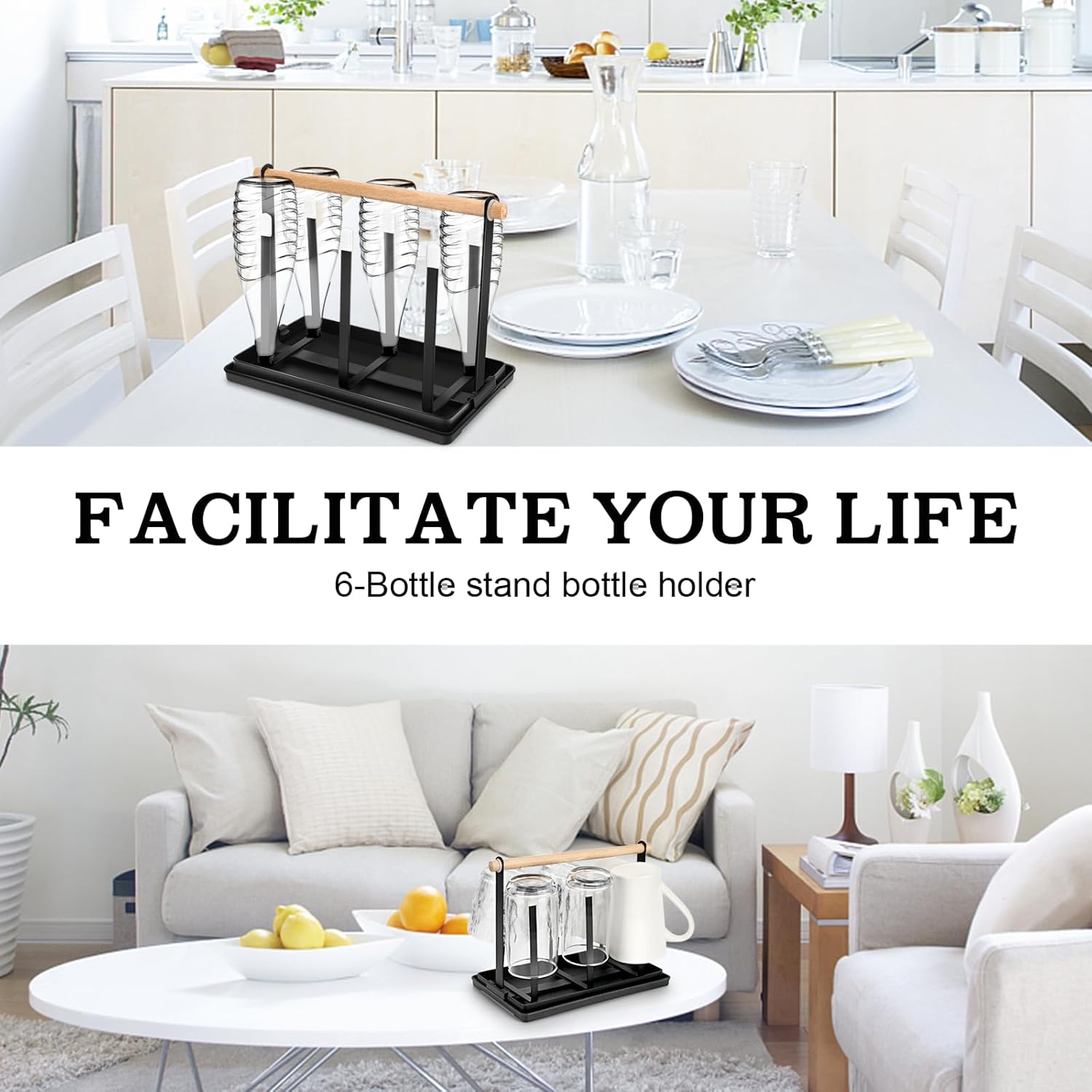 Royouzi - Porte-bouteilles 6 places - bac égouttoir - acier noir