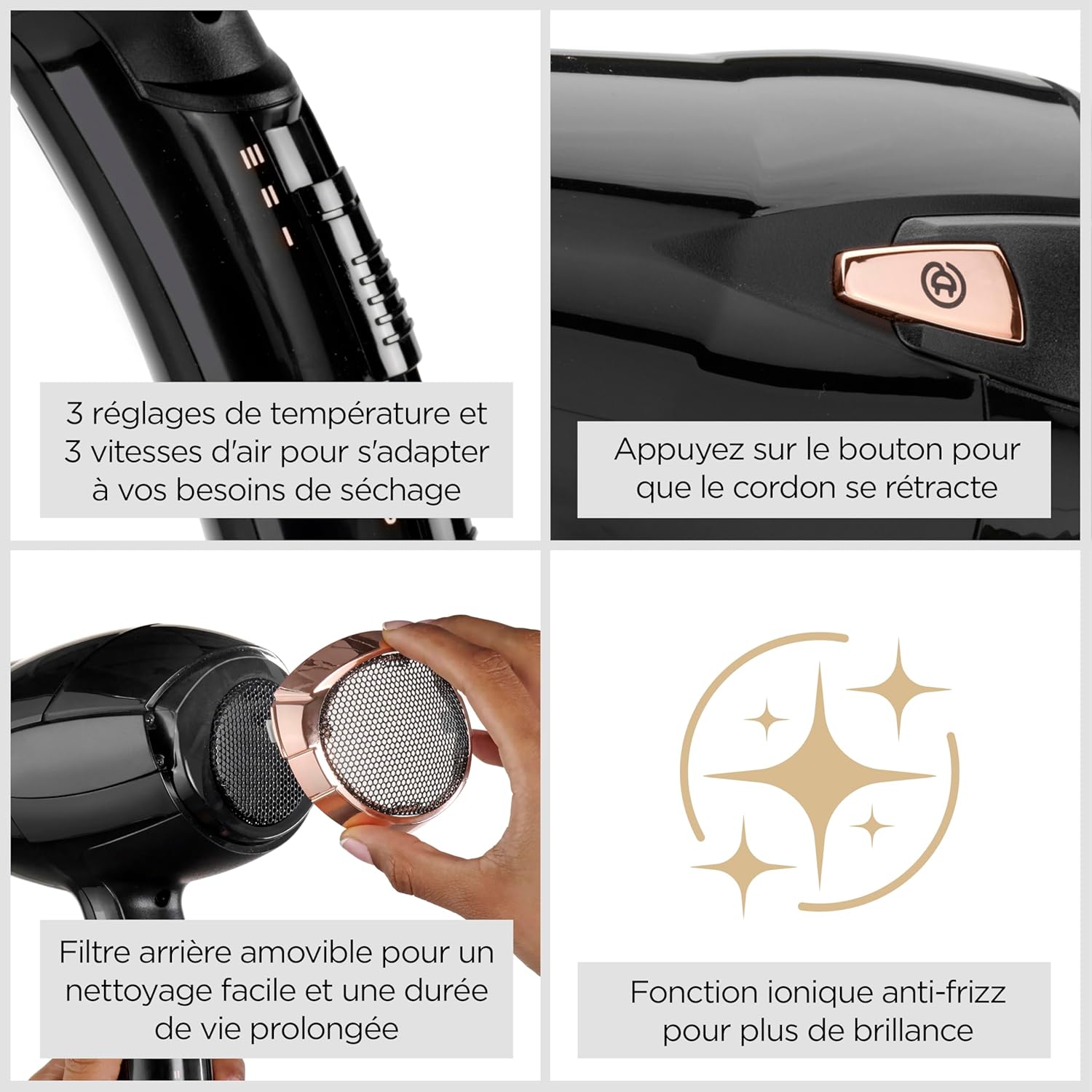 BaByliss - Cordkeeper sèche-cheveux 2000W, ionique, 3 temp., câble rétractable, D373E