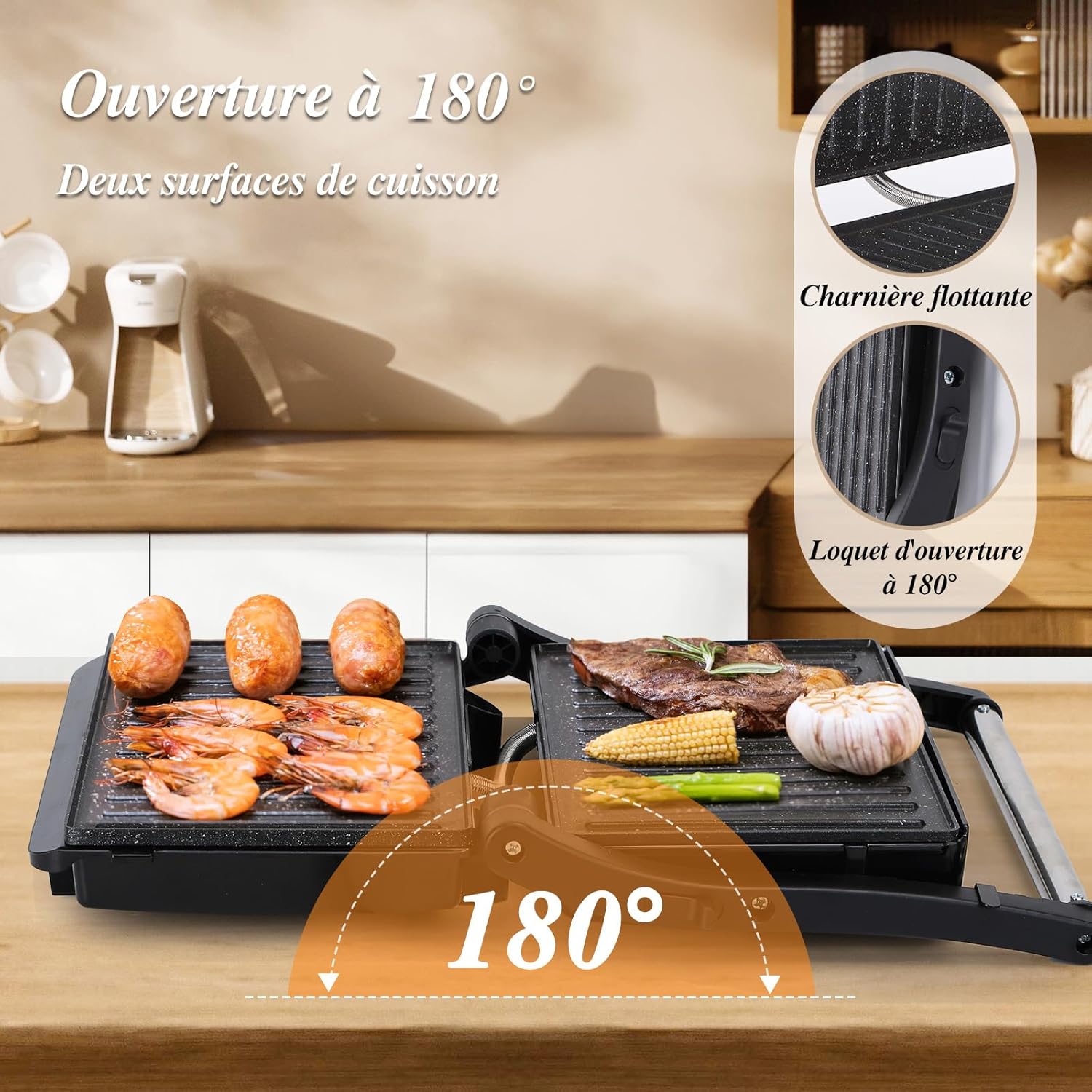 Aigostar - York Pro - grill panini 1000W, plaques antiadhésives, ouverture 180°