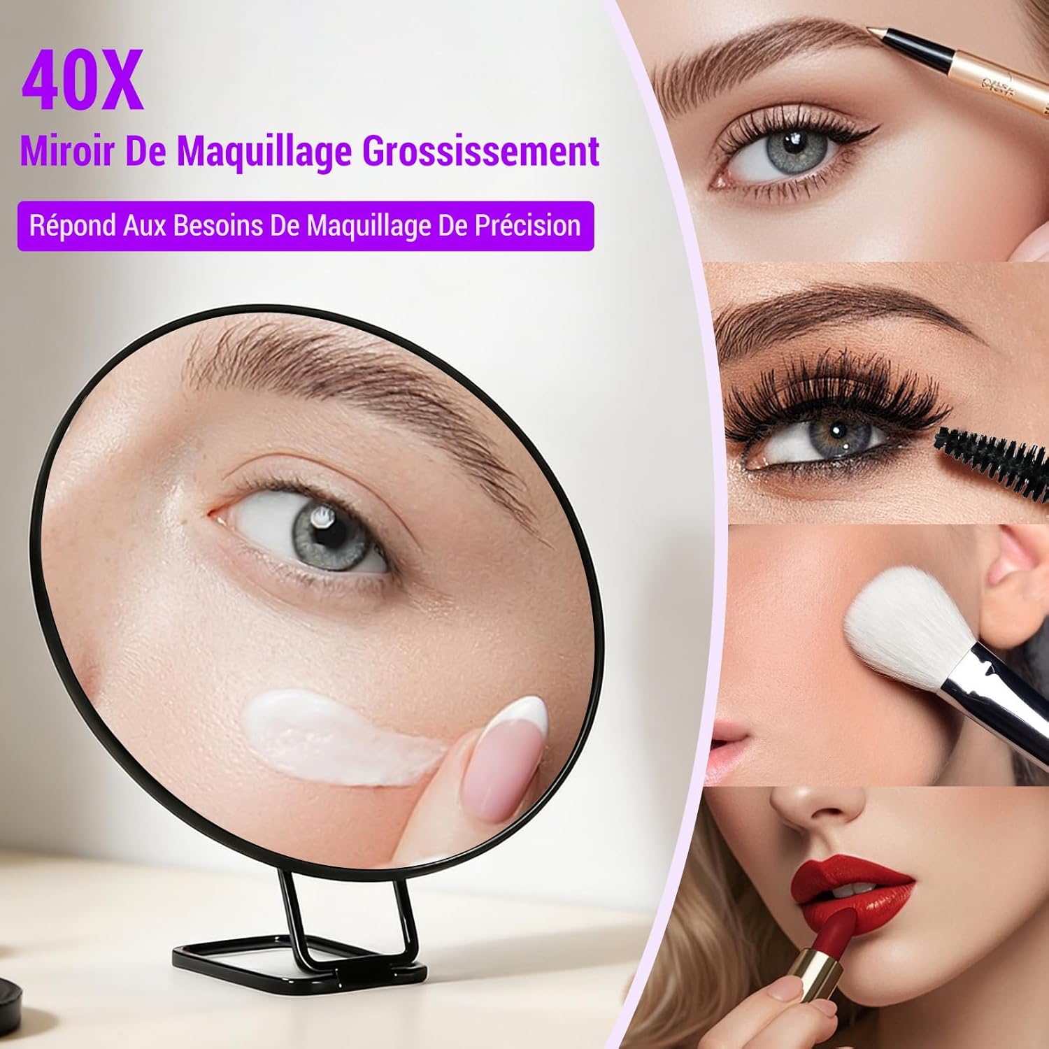 Miroir grossissant - 40x - support, pince à épiler, ciseaux, maquillage