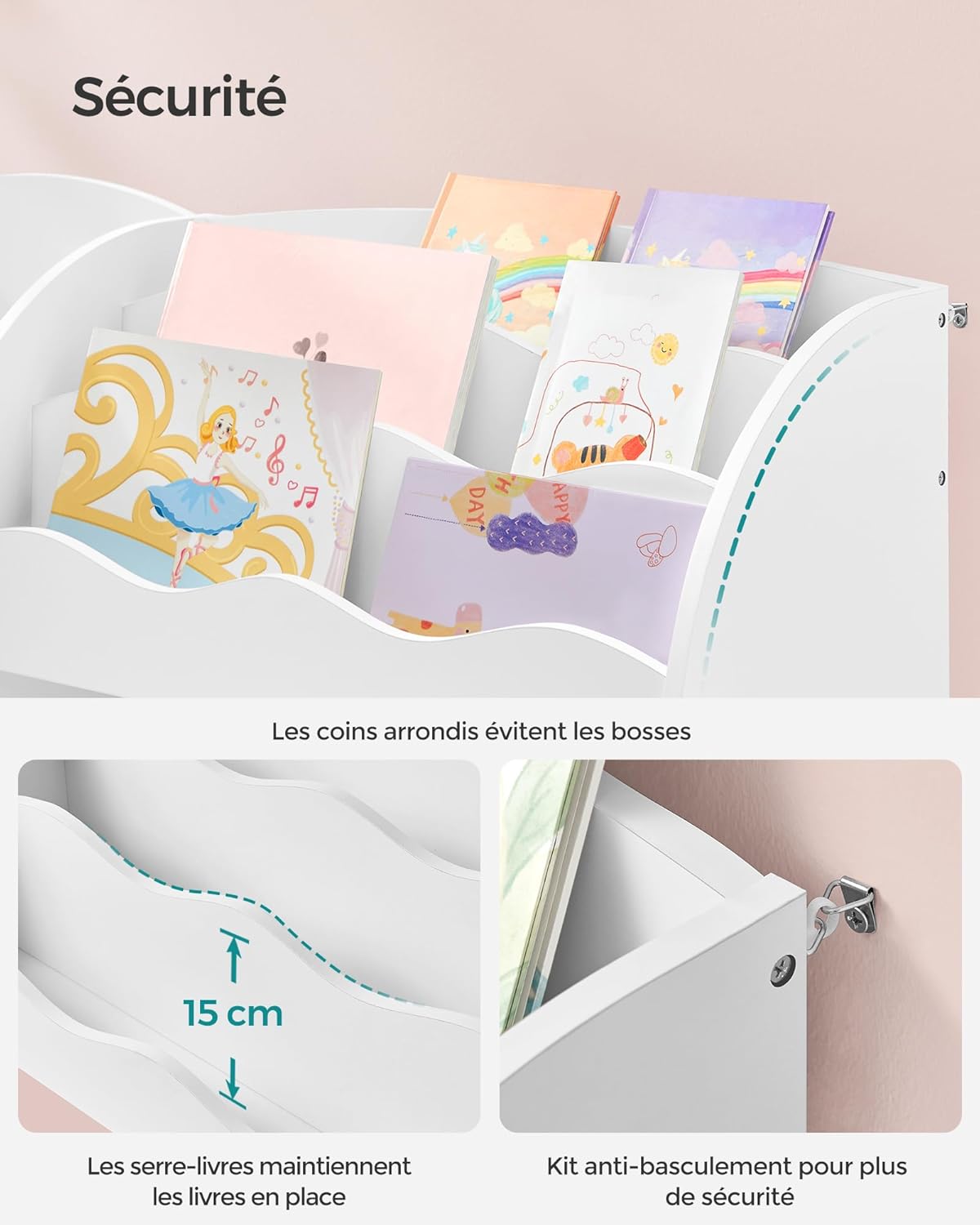 SONGMICS – Étagère enfants – 2 bacs, rangement jouets et livres, blanc nuage, GKR042W01