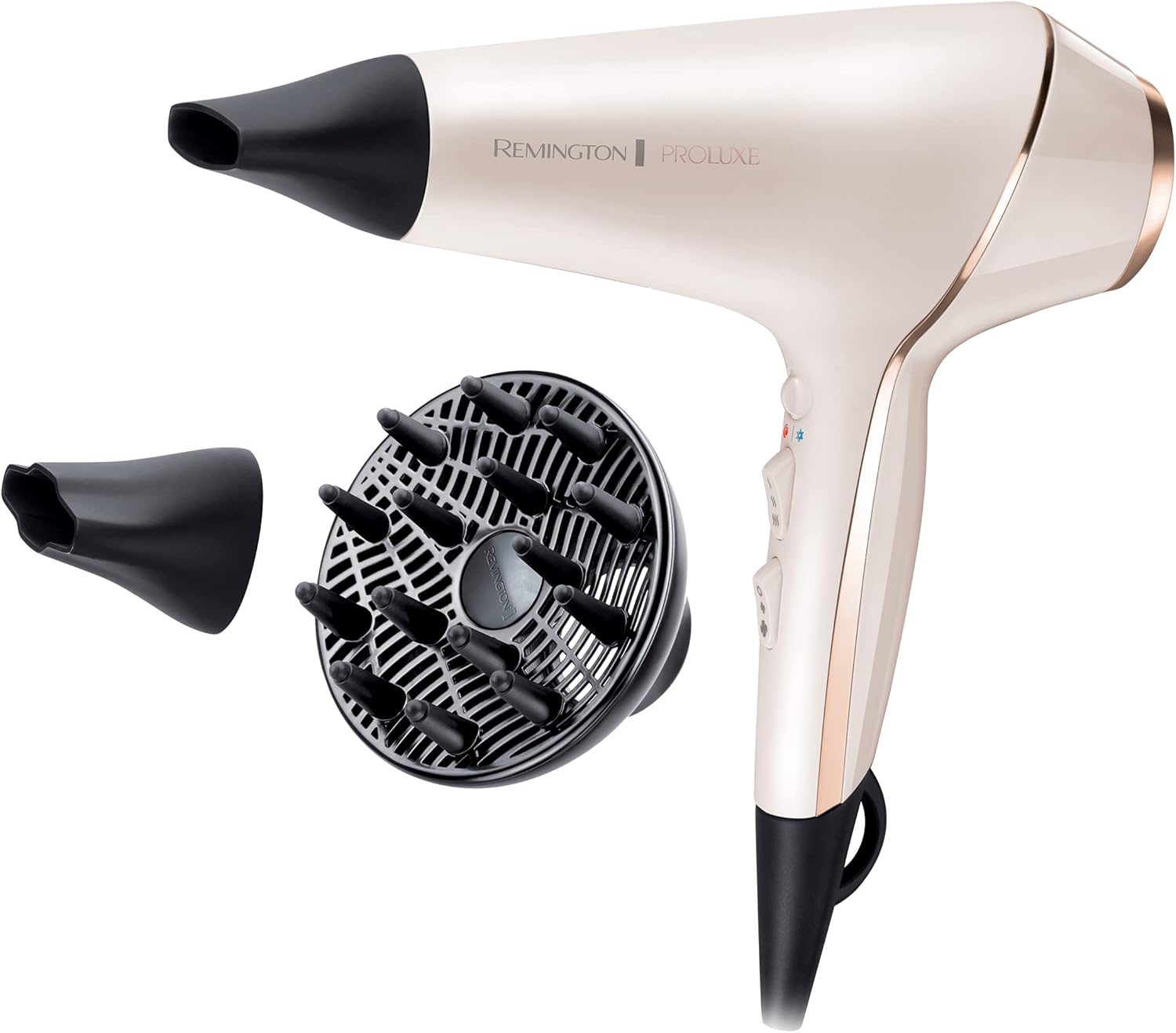 Remington - Sèche-cheveux PROluxe - 2400W, ionique, OptiHeat, 3 temp., 2 vitesses, 3 concentrateurs, diffuseur - AC9140