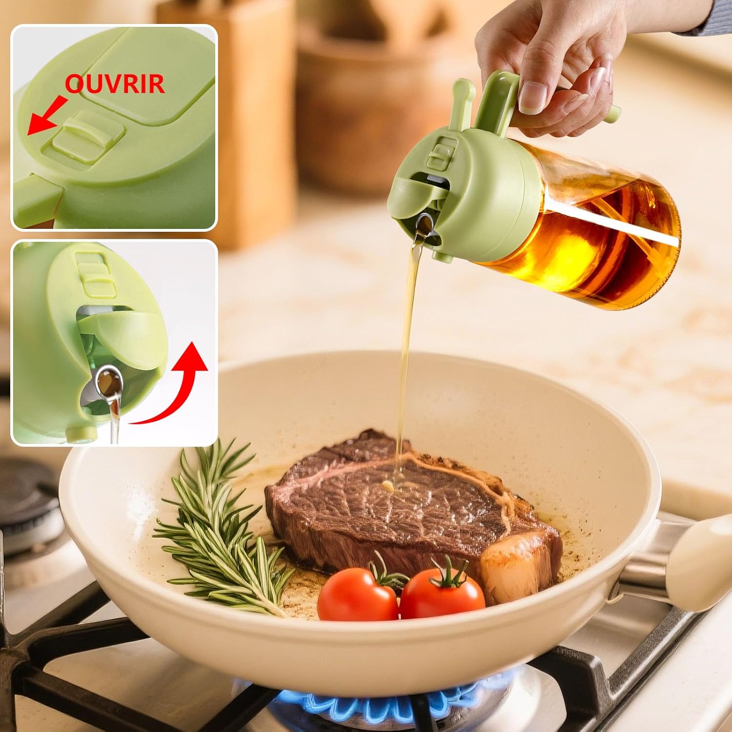 Flacon pulvérisateur d'huile d'olive - verre 470ml - bec verseur 2 en 1, multifonction
