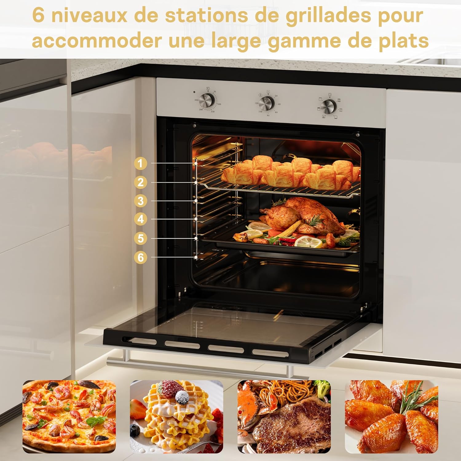 Fourneau intégré - 60 cm, 60L, 2,2kW, 6 fonctions, minuterie, grill