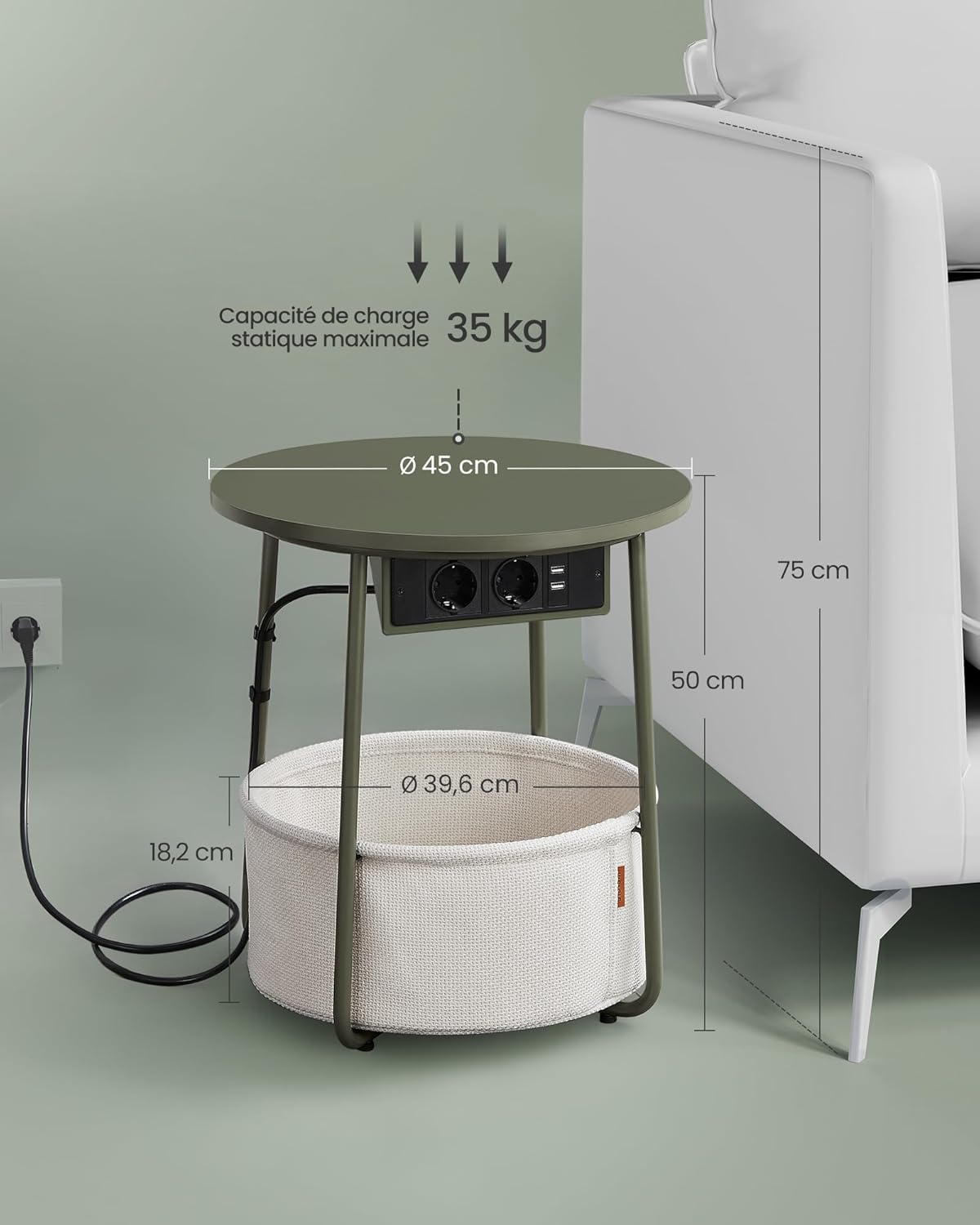 VASAGLE - Petite table basse moderne, 45x45x54 cm, panier tissu, multiprise, vert forêt/blanc crème, LET228C05