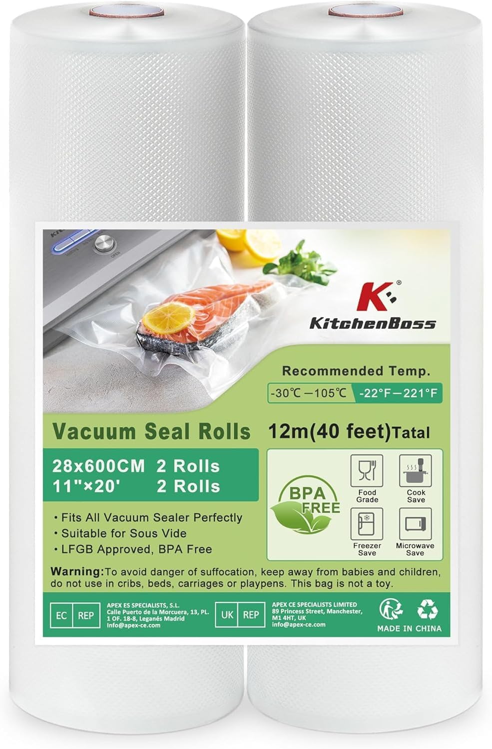 KitchenBoss - rouleaux sous vide - 28x600cm - lot de 2, grande capacité
