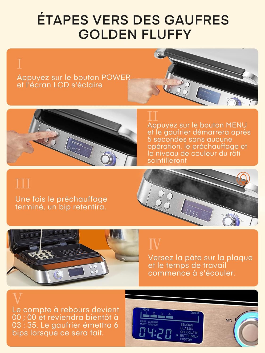 Gaufrier double, inox, 2 tranches, 5 programmes, LED, 7 niveaux