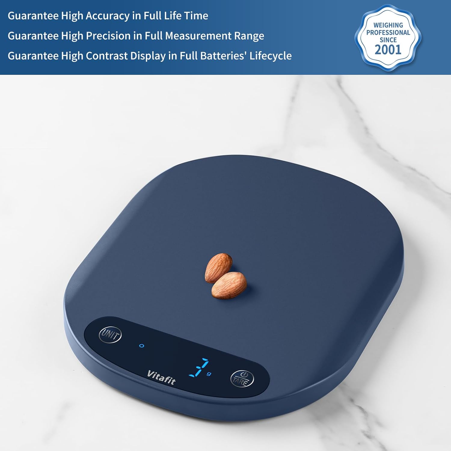 Vitafit - Balance de cuisine 15kg - acier inox, tare, 3 AAA, bleu
