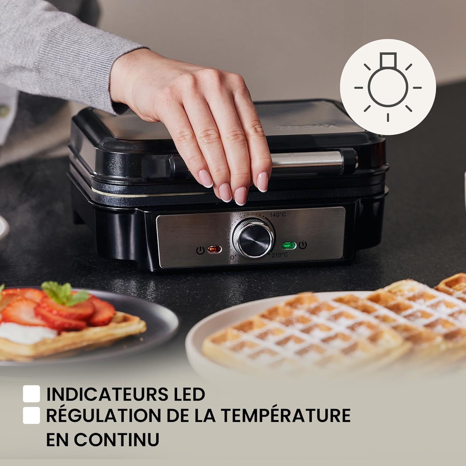 ZEEGMA - Gofree Chef - gaufrier 1200W, plaques antiadhésives, température réglable, indicateur cuisson, gaufres épaisses
