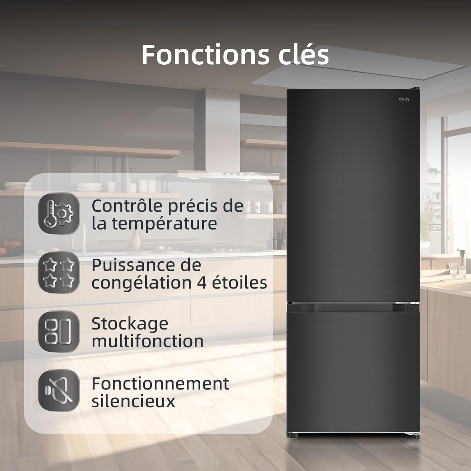 CHIQ - réfrigérateur congélateur 205L, classe E, acier noir, portes réversibles, FBM205L42