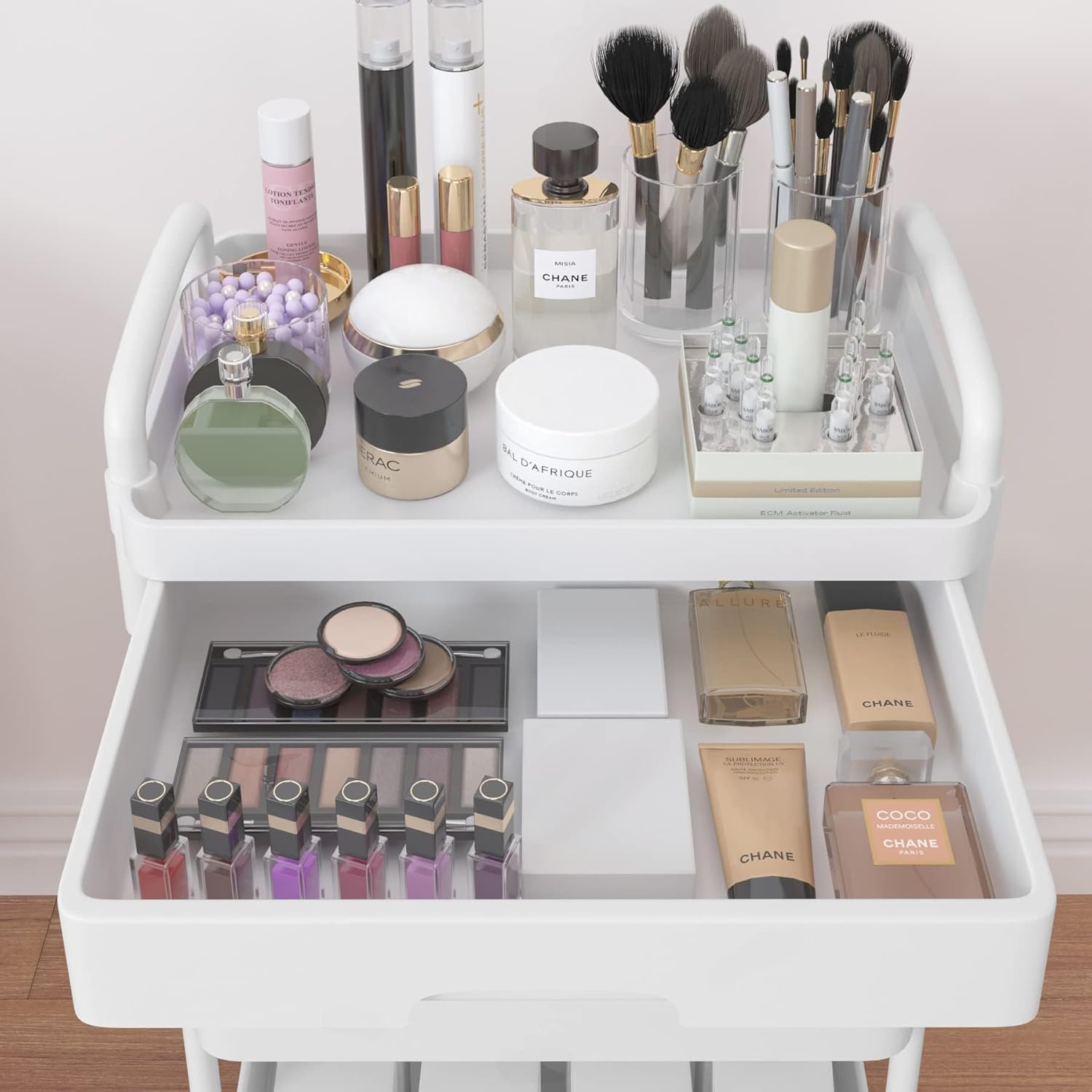 Chariot de rangement - 3/4 niveaux, plastique, tiroirs, à roulettes, compact