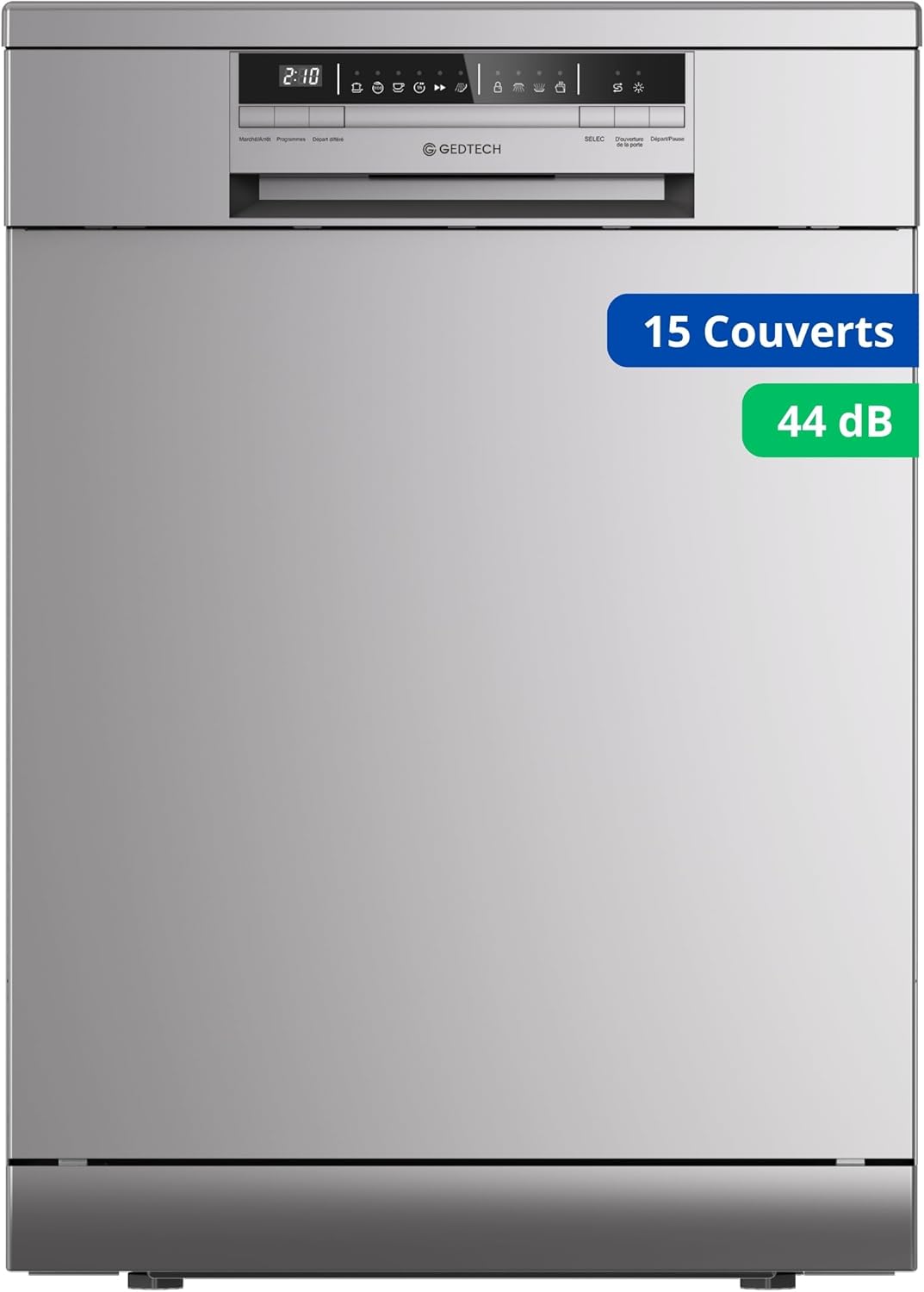 GEDTECH - Lave-vaisselle silver, 44 dB, 15 couverts, tiroir à couverts, GLV1544SL