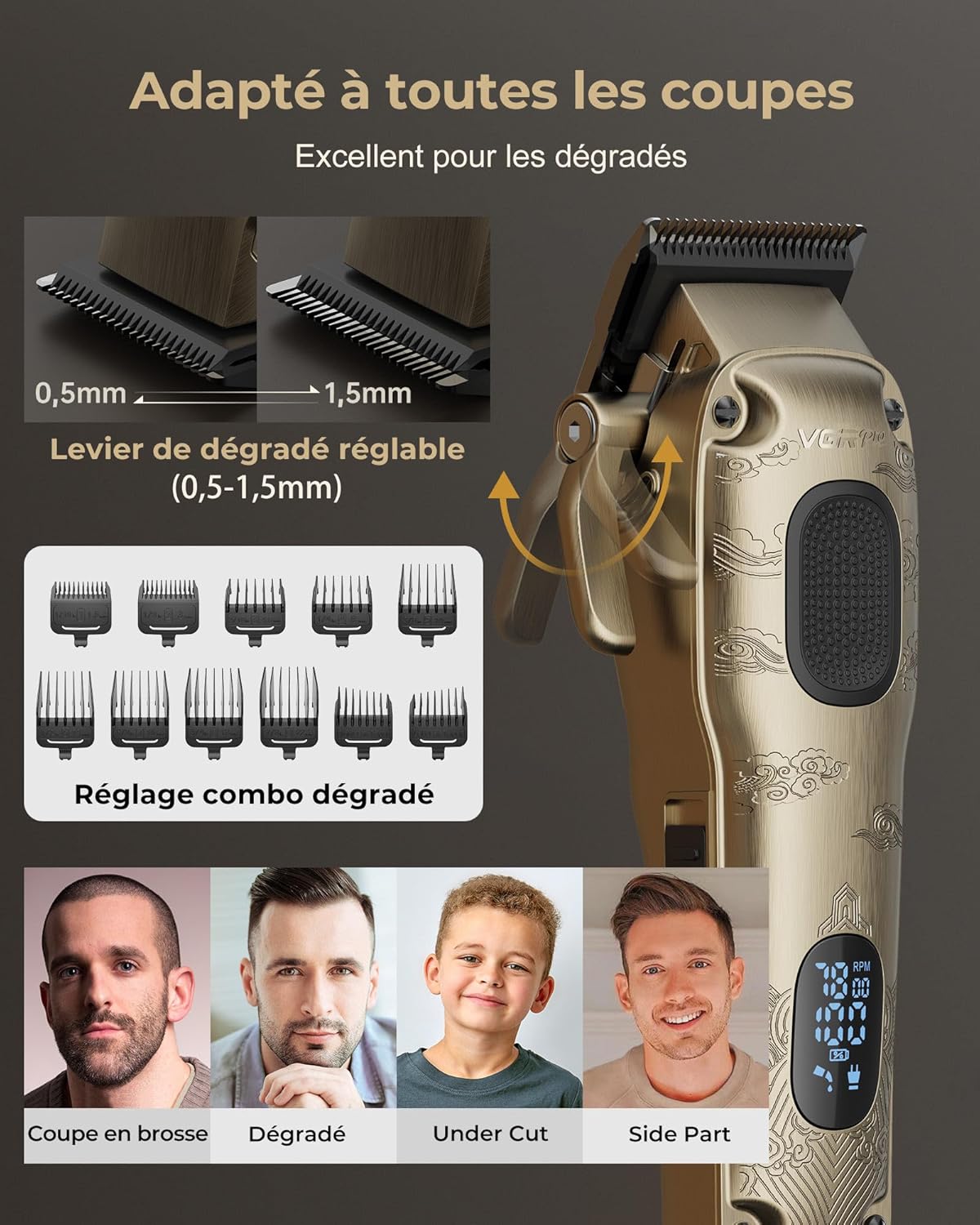 Tondeuse cheveux professionnelle sans fil, kit coupe homme, dorée