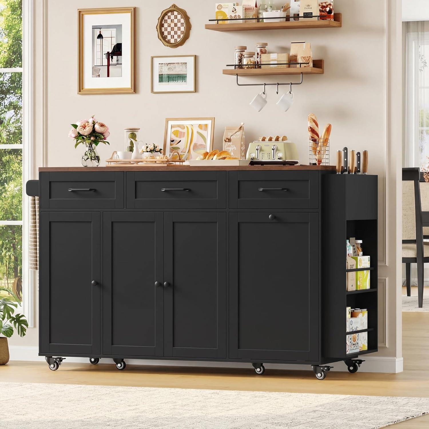 FirFurd - Ilot cuisine pliable sur roulettes, 135x60x88cm, USB et rangement