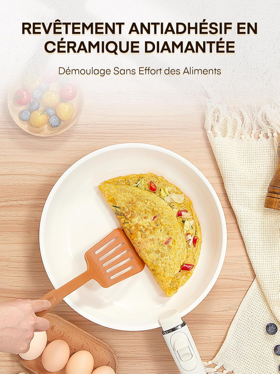 FOHERE - Lot de 3 poêles amovibles - 20/24/28cm - tous feux, four, lave-vaisselle