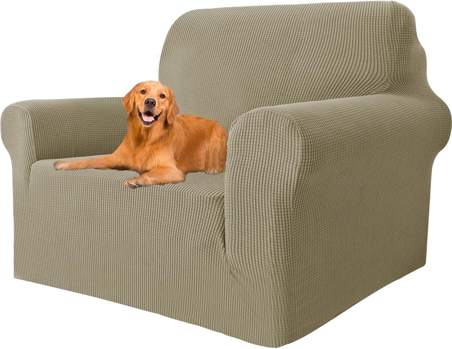 Housse canapé 1 place, extensible, antidérapante, khaki, avec accoudoirs