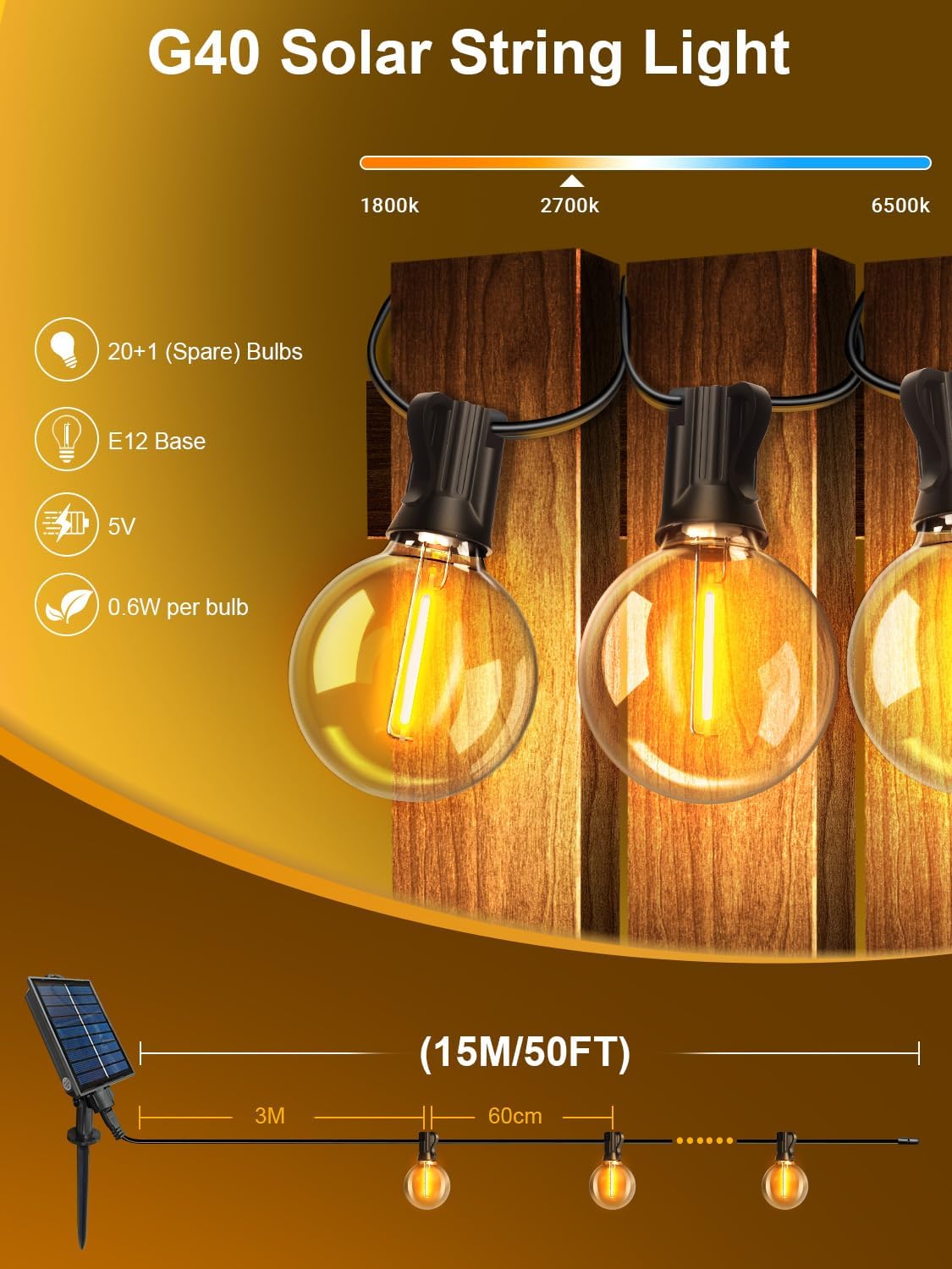 Guirlande Solaire Extérieure - 15m - 21 ampoules G40, 8 modes, IP44