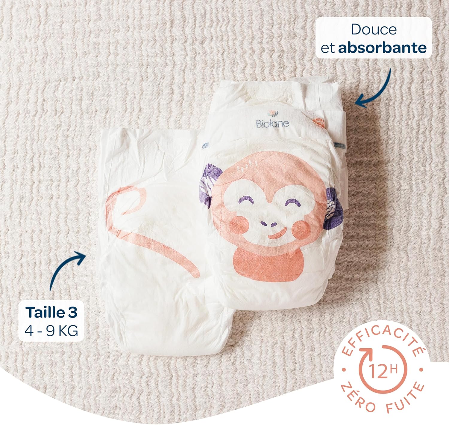 Biolane - couches bébé taille 3 (4-9kg) - ultra-absorbant, 12h au sec, pack 162, fabriqué en France