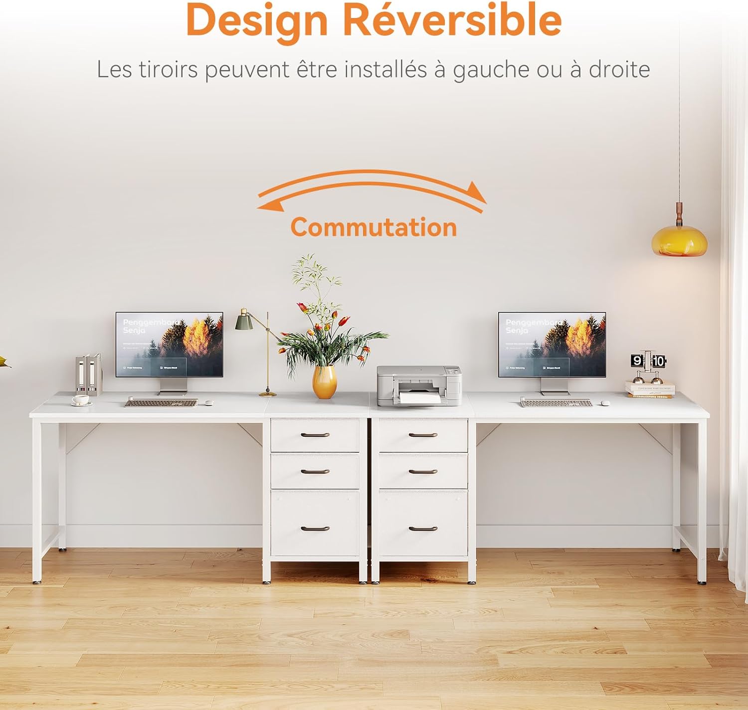 Coleshome - bureau 3 tiroirs tissu, 120x48cm, porte-casque, blanc