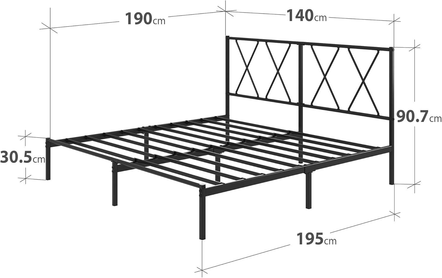 Zinus - Elias - 140x190 cm - lit double métal, lattes robustes, rangement 30 cm