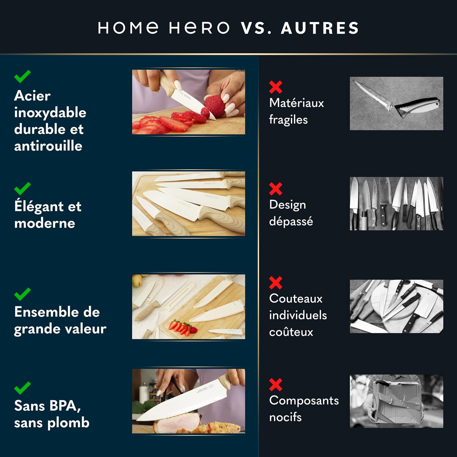 Home Hero - Bloc de couteaux 12 pièces crème - inox carbone, poignées ergonomiques