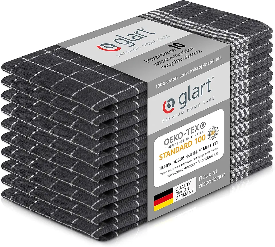 Glart - torchons prélavés 50x70cm coton Oeko-TEX gris sans peluche 48GI2