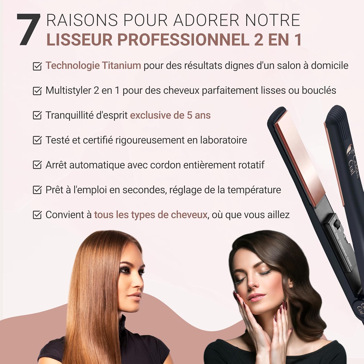Golden Curl - Lisseur Boucleur 2en1 Rose Gold - 5 ans garantie - Plaques pro
